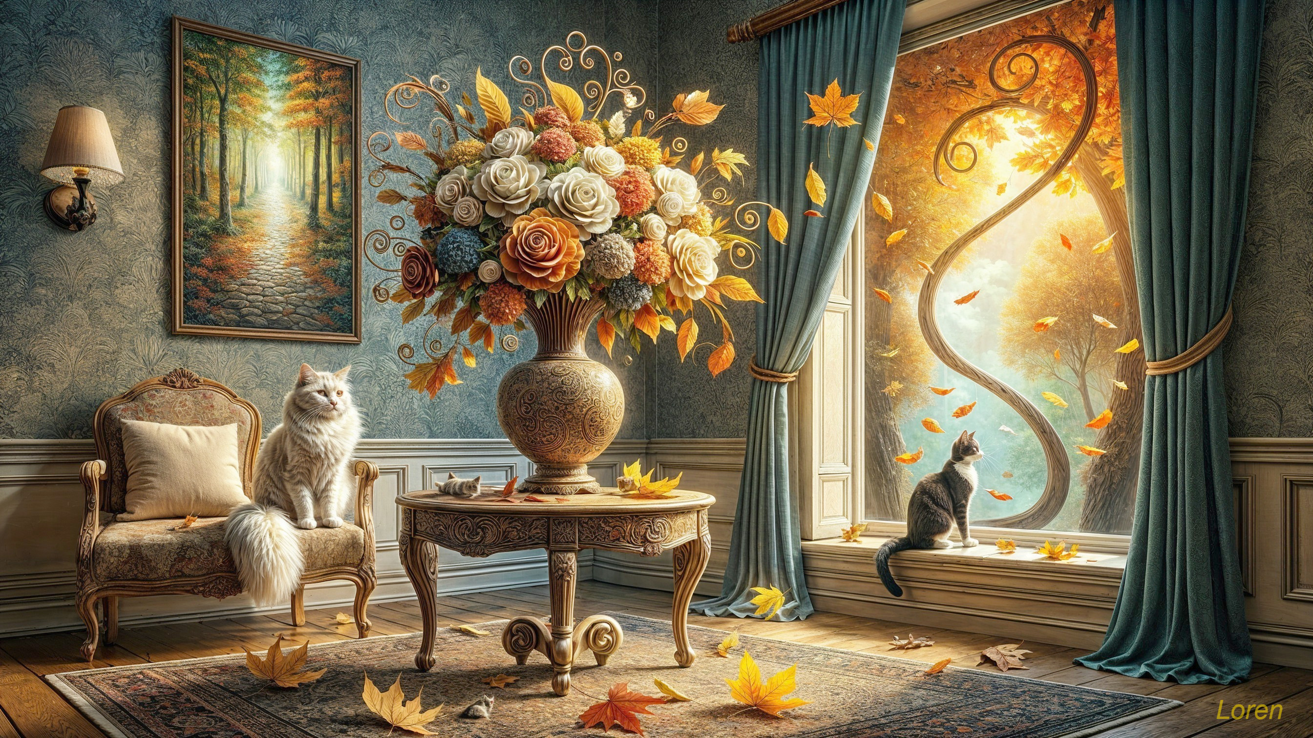 Cozy room with blue wallpaper and vibrant flowers