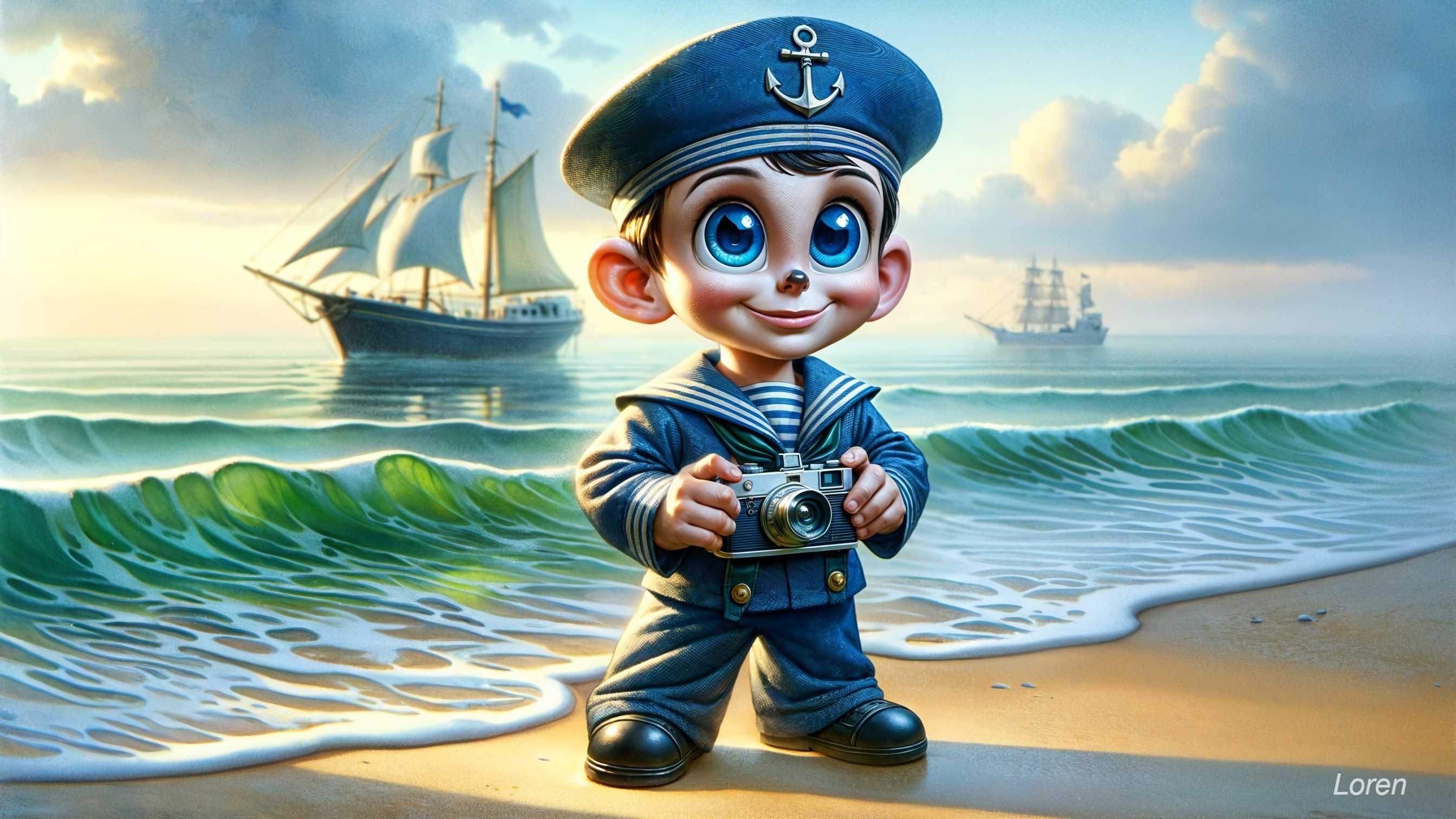 Cheerful Cartoon Sailor Boy on Beach with Ships