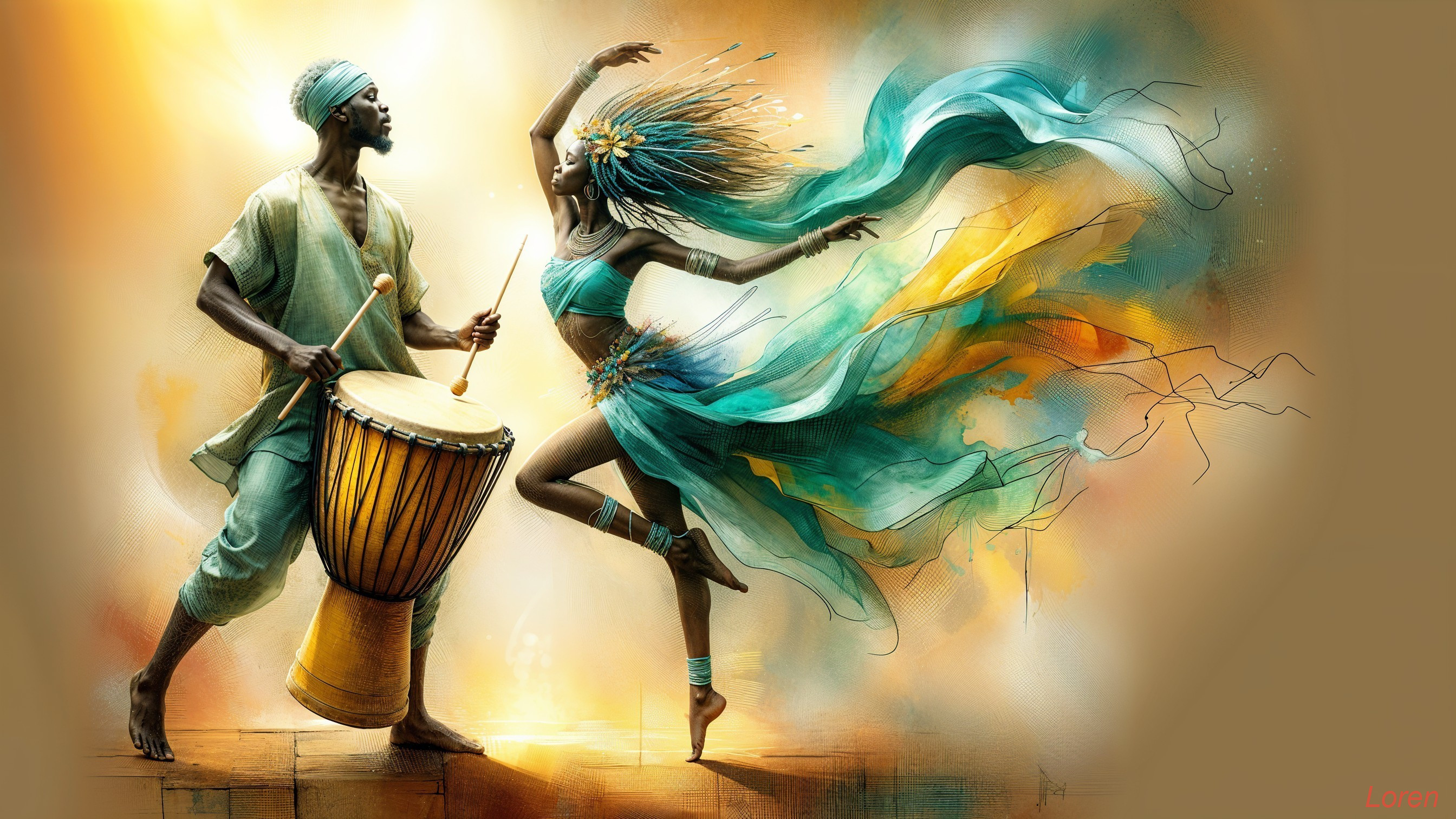 Vibrant Scene of Drummer and Dancer in Motion