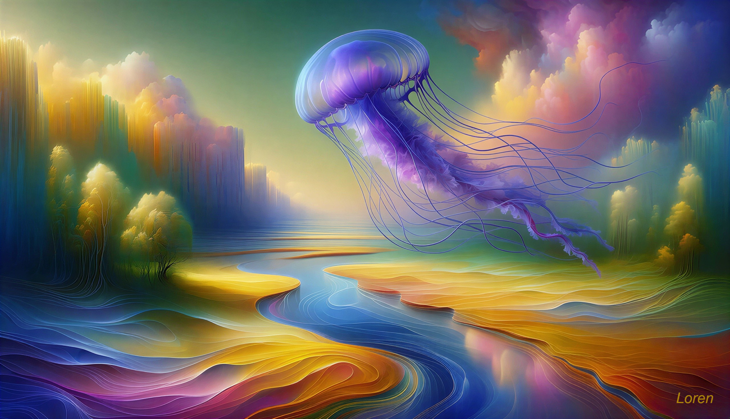 Ethereal Landscape with Glowing Purple Jellyfish