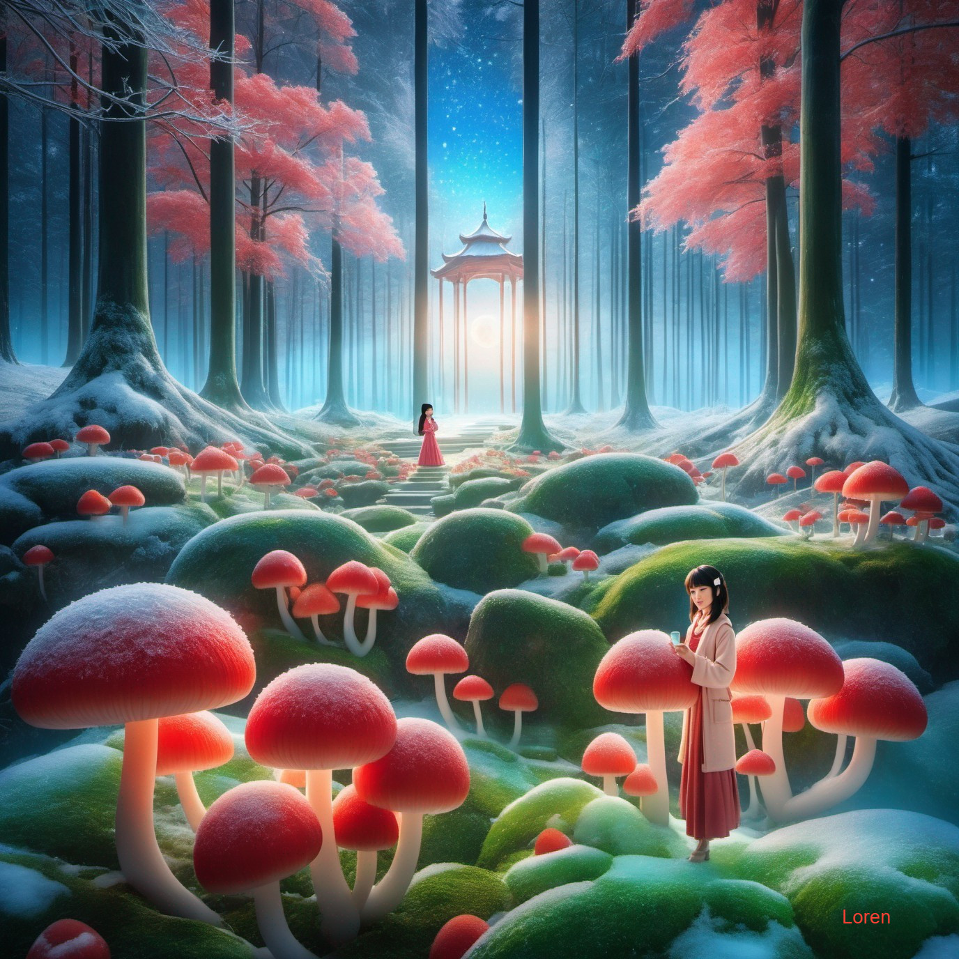 Mystical forest with red mushrooms and serene figure