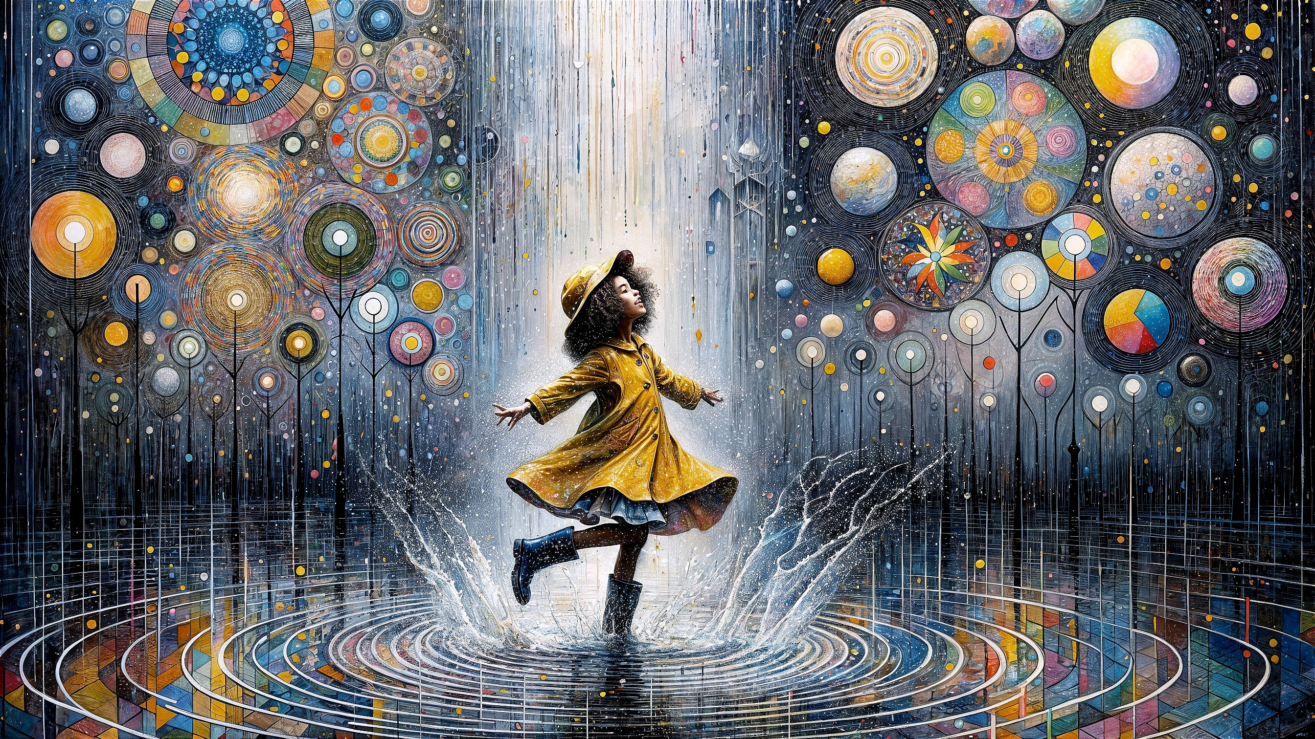 Young Girl in Yellow Raincoat Splashing in Water