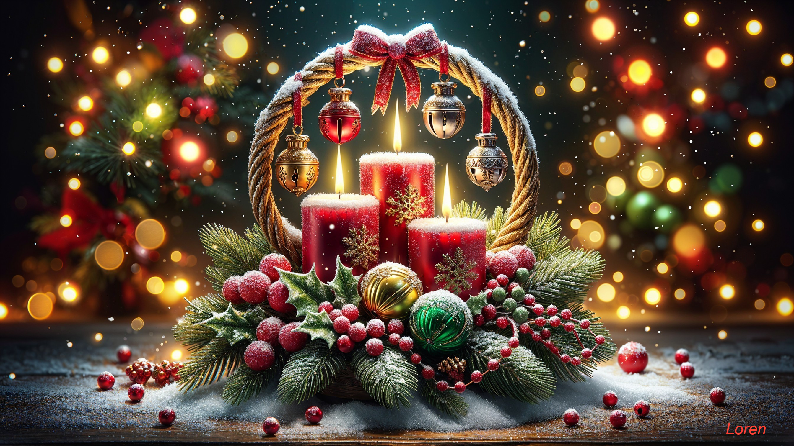 Festive Arrangement of Red Candles and Greenery