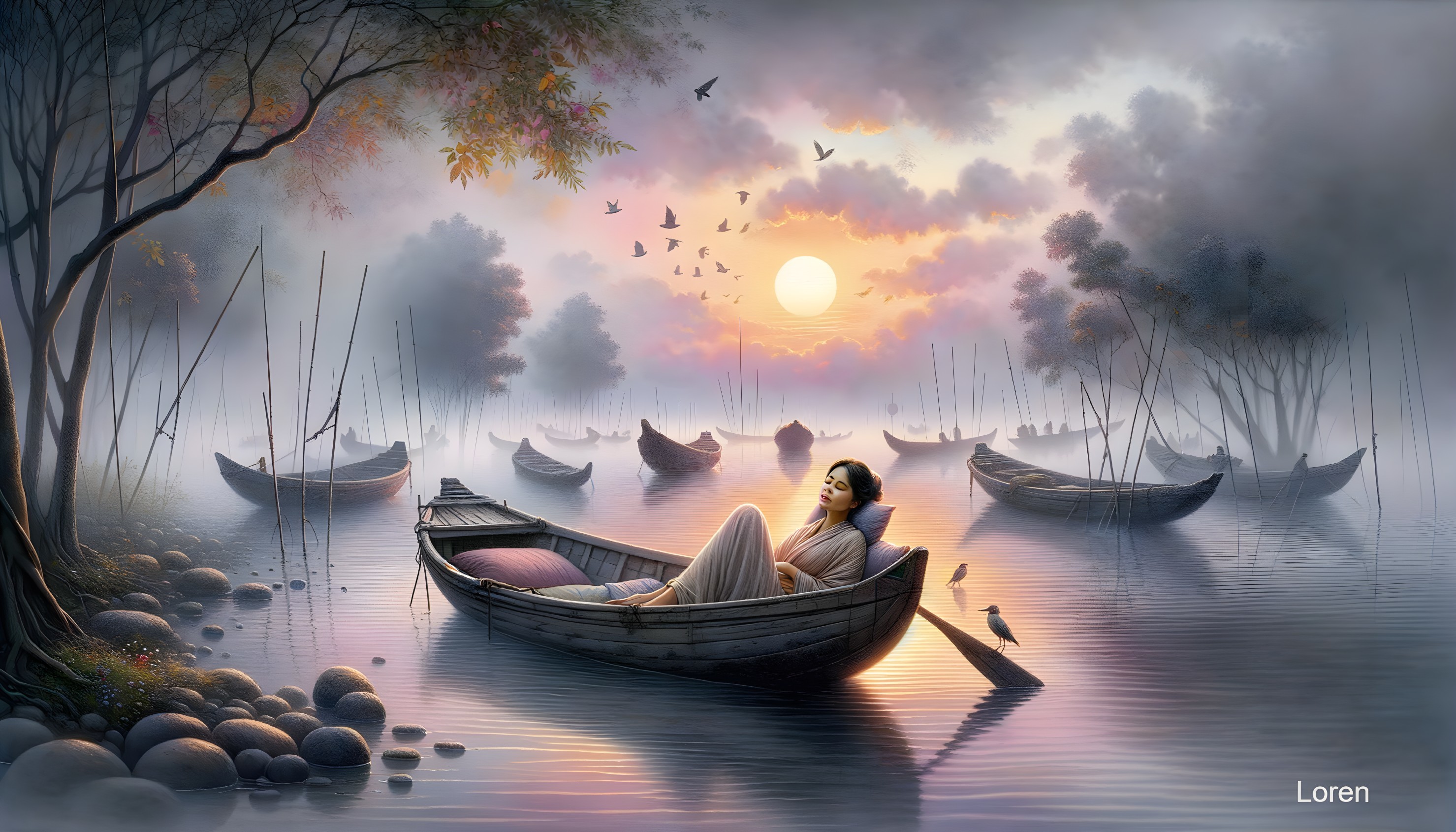 Young Woman in Boat at Dawn on Tranquil Waterway