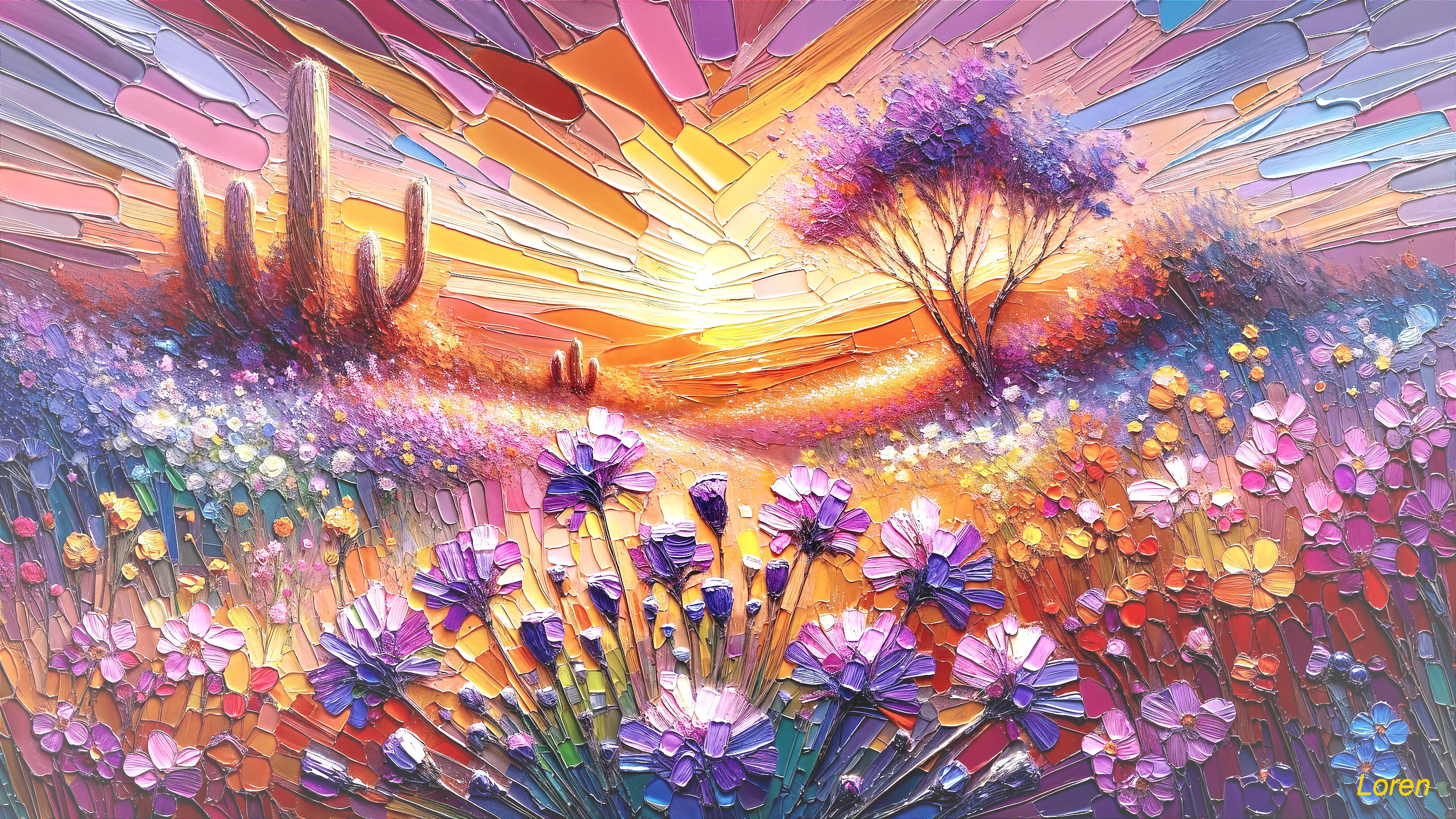 Vibrant Landscape with Colorful Flowers and Cacti