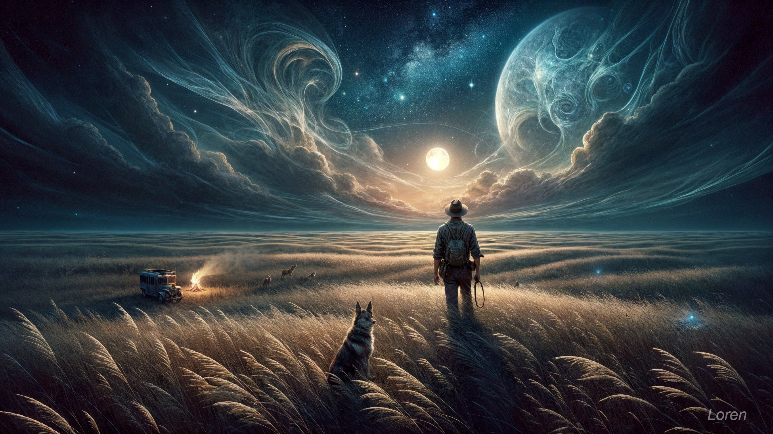 Lone Figure and Dog in Moonlit Field with Fire