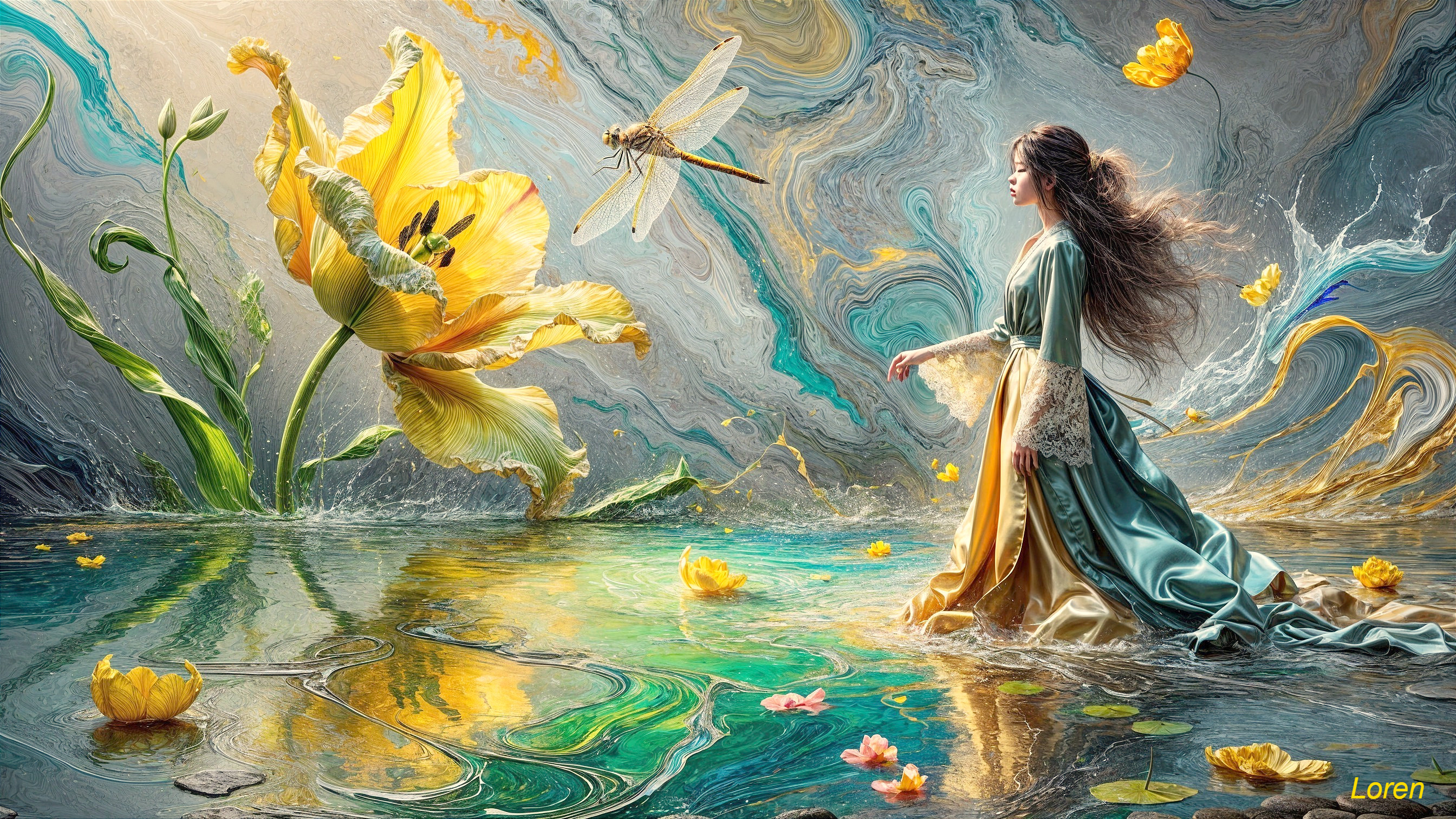 Young Woman in Dreamlike Vibrant Landscape