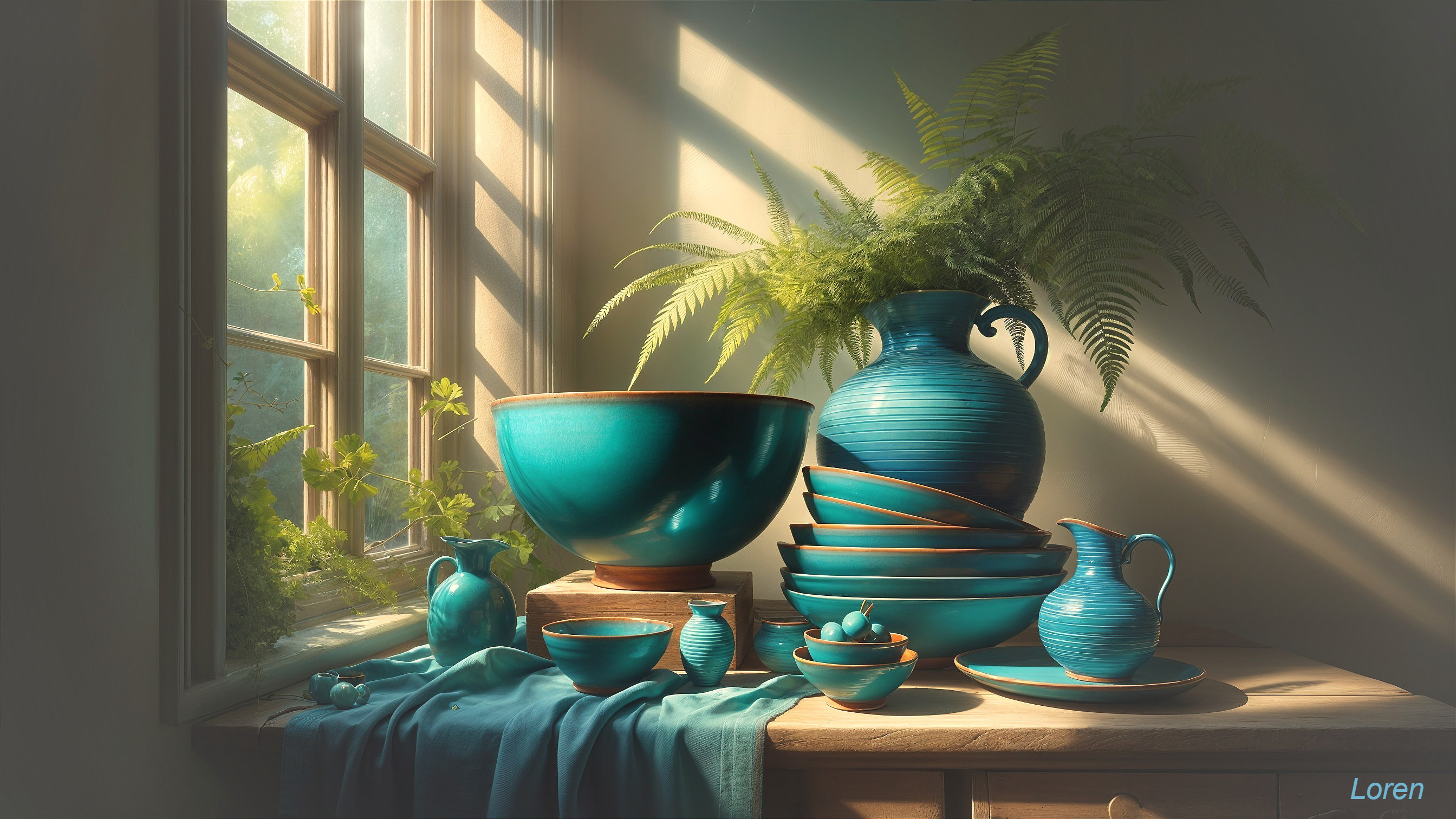Turquoise Ceramic Pottery Still Life with Fern