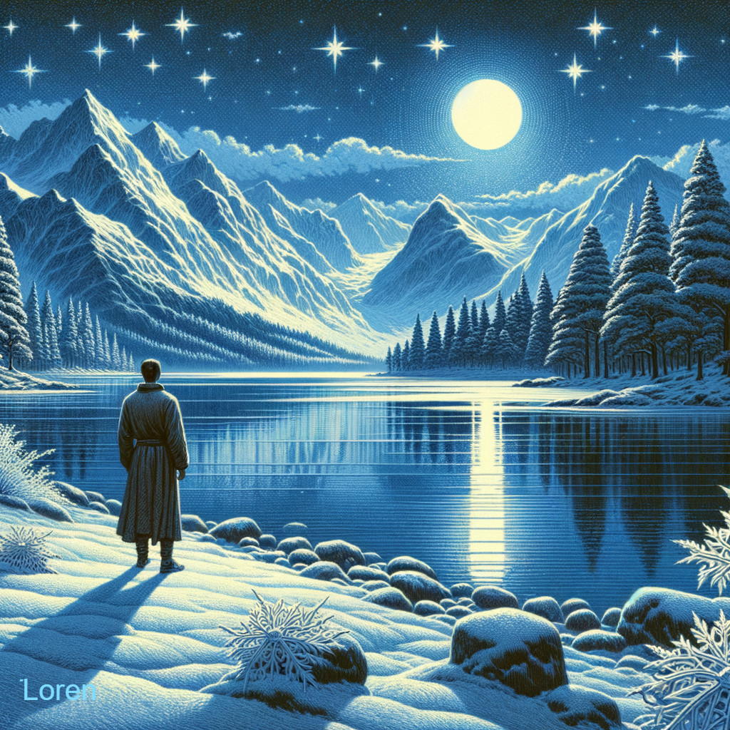 Winter Landscape with Starry Sky and Full Moon