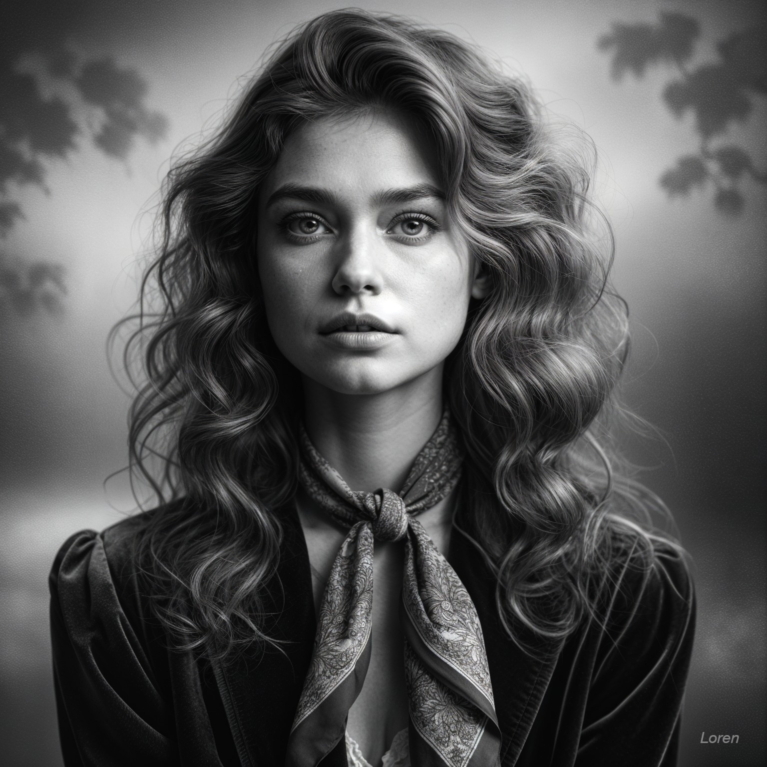 Black-and-white portrait of a woman with wavy hair