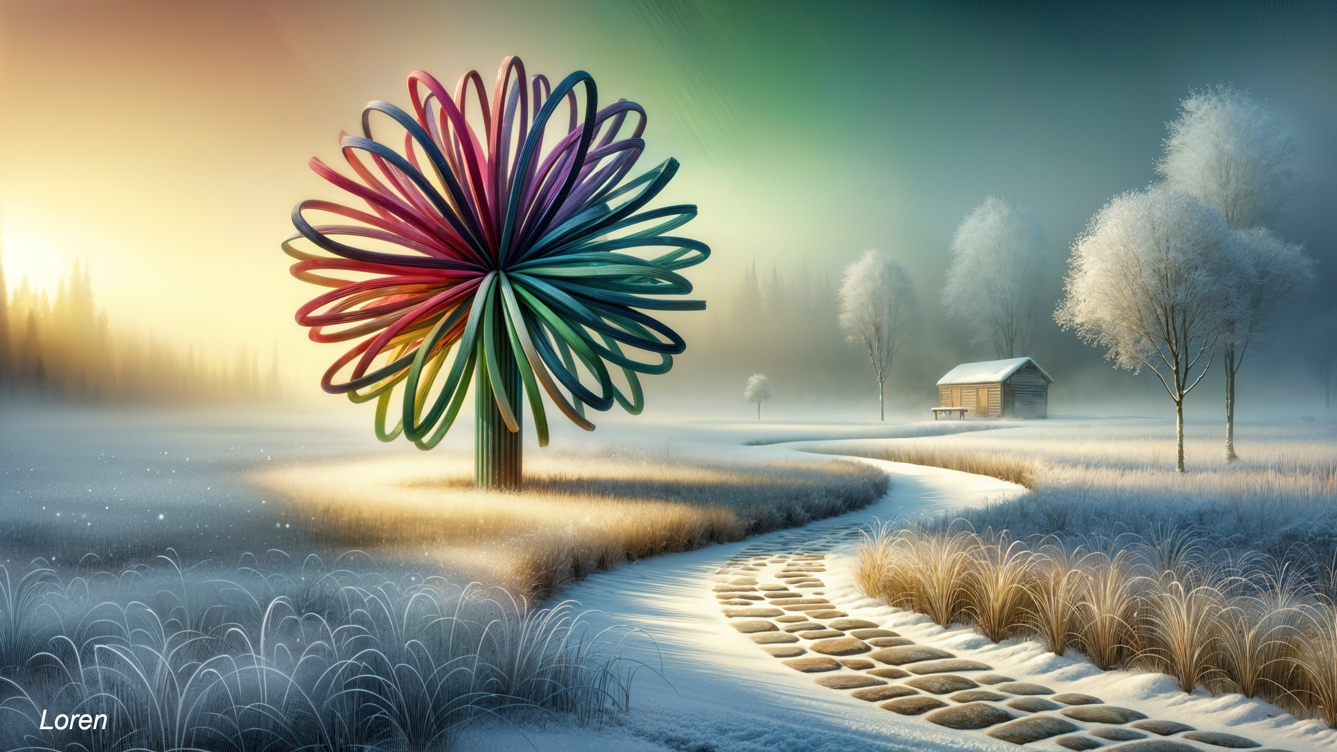 Surreal Winter Landscape with Flower-Shaped Tree