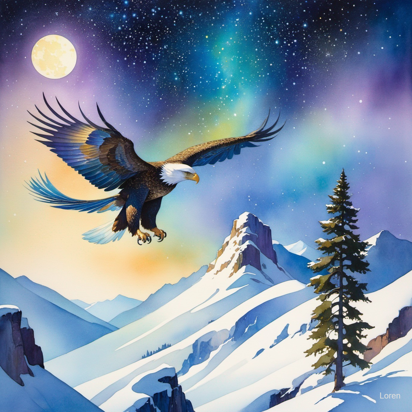 Majestic Eagle in Vibrant Twilight Sky with Mountains
