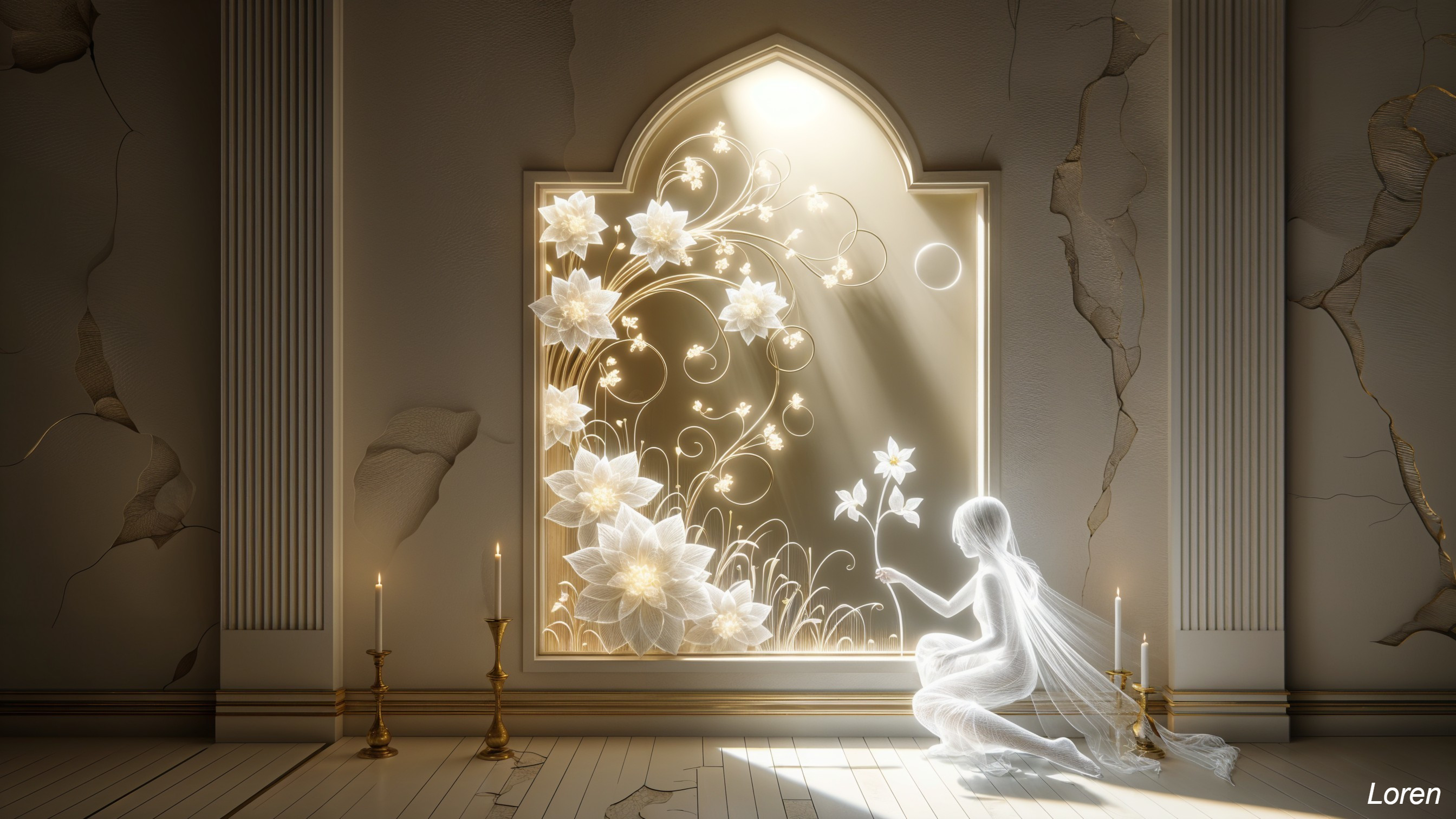 Ethereal Scene with Ghostly Figure and Ornate Window