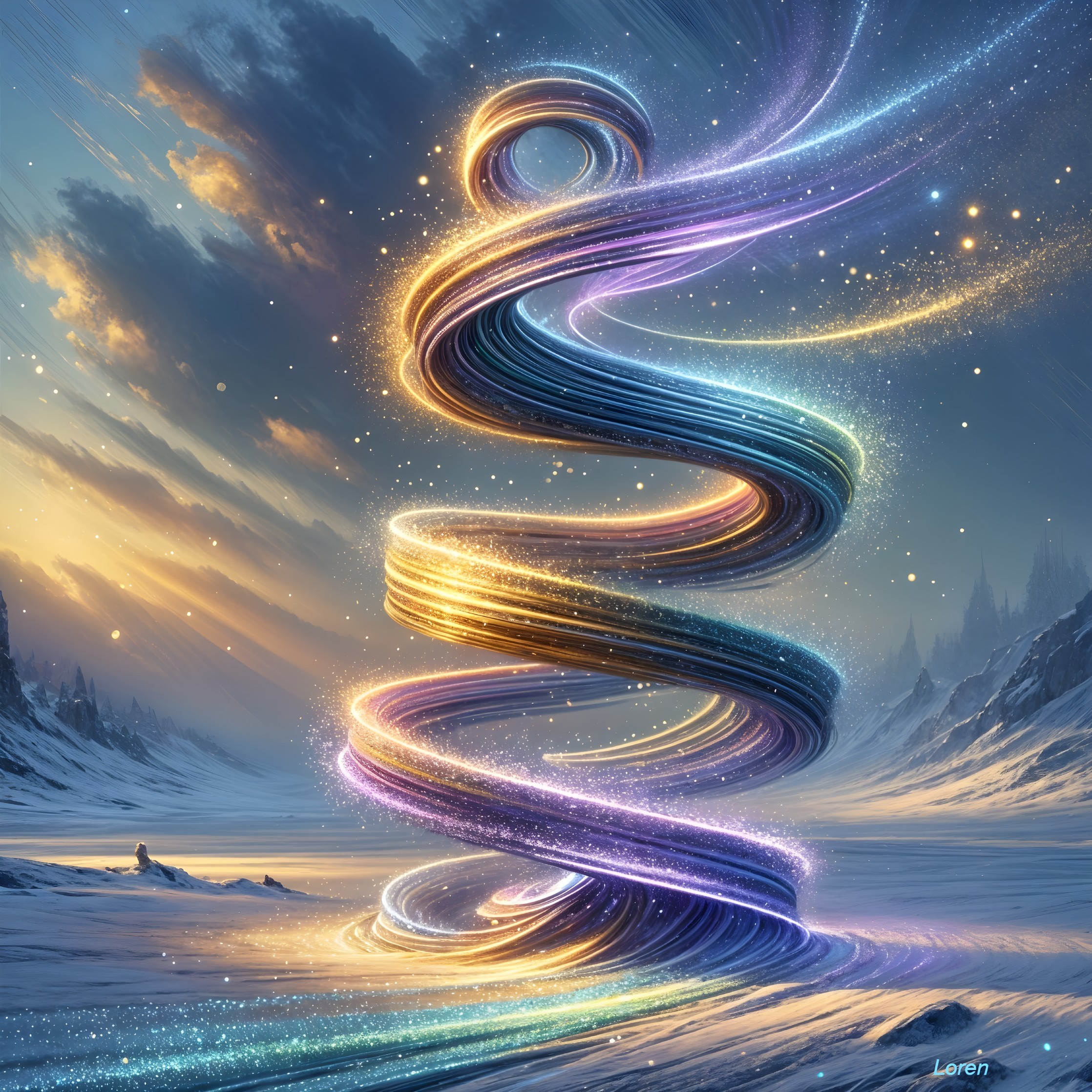 Vibrant Spiral of Glowing Strands in Snowy Landscape