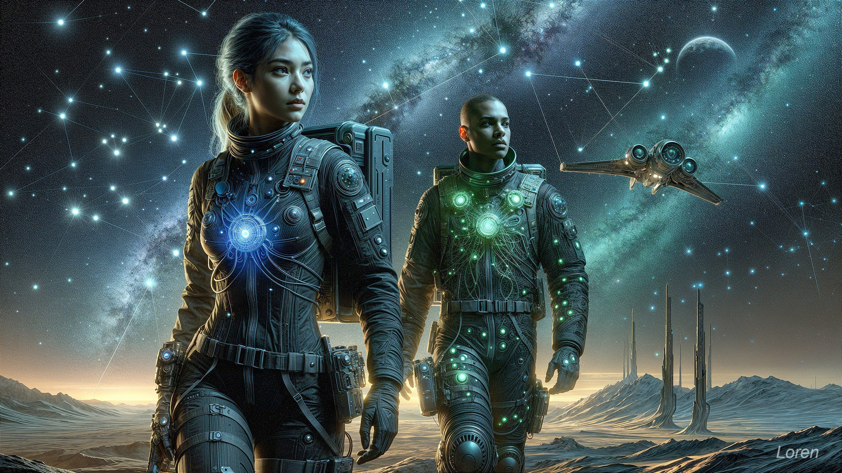 Astronauts in Futuristic Suits in Sci-Fi Landscape