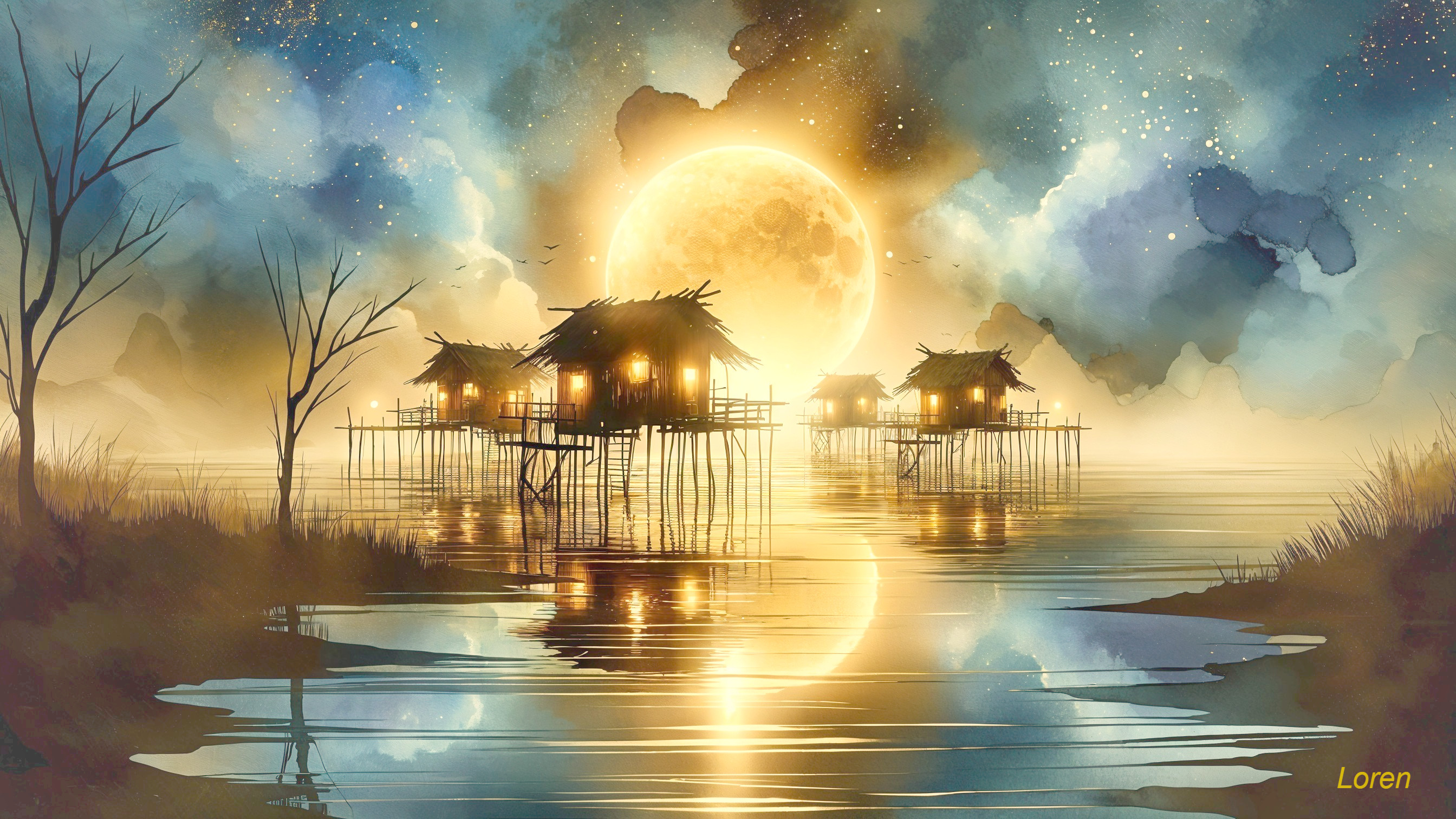 Serene Landscape with Stilted Huts and Moonlit Waters