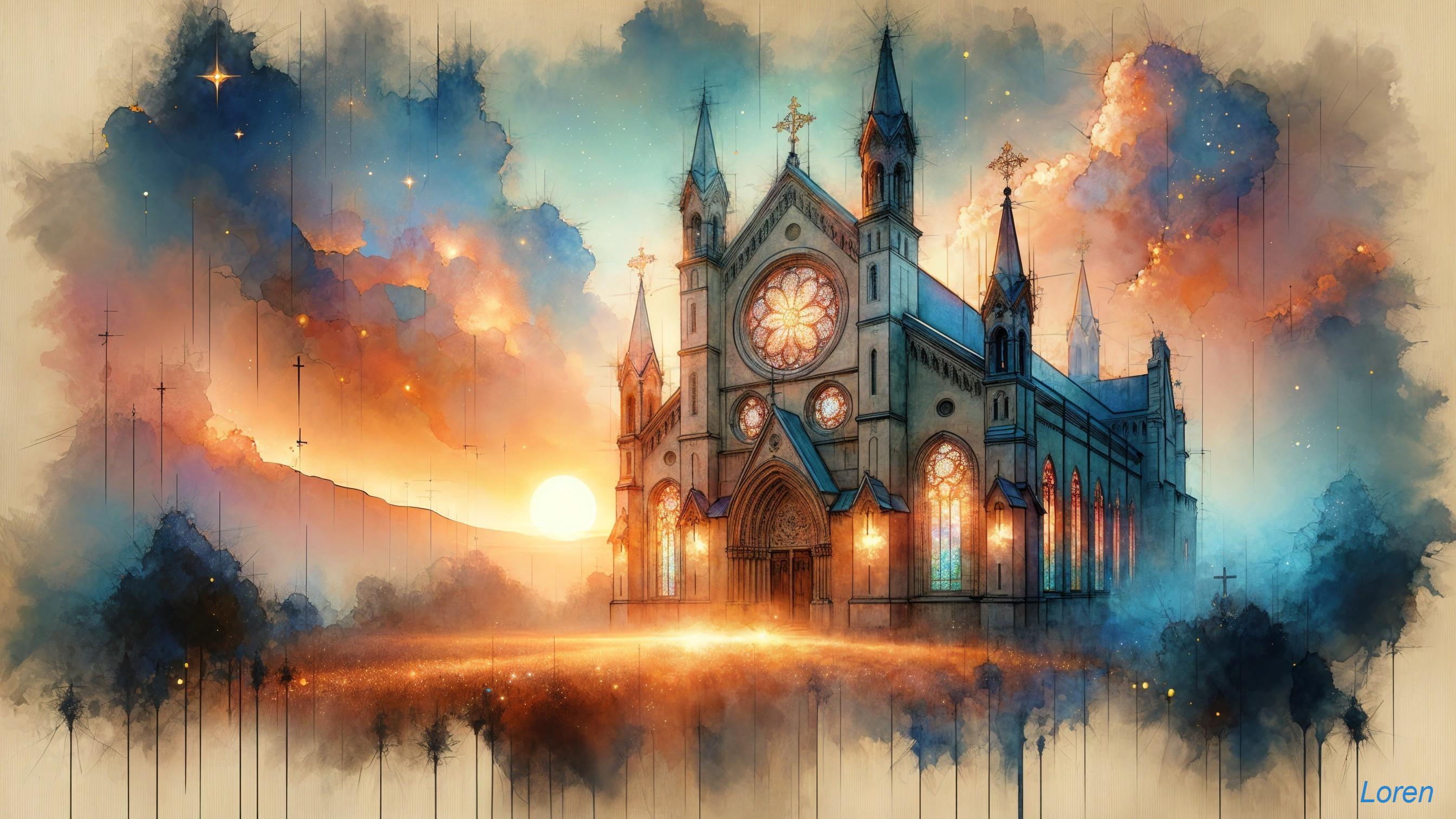 Ornate Cathedral Artwork with Vibrant Sunset Background