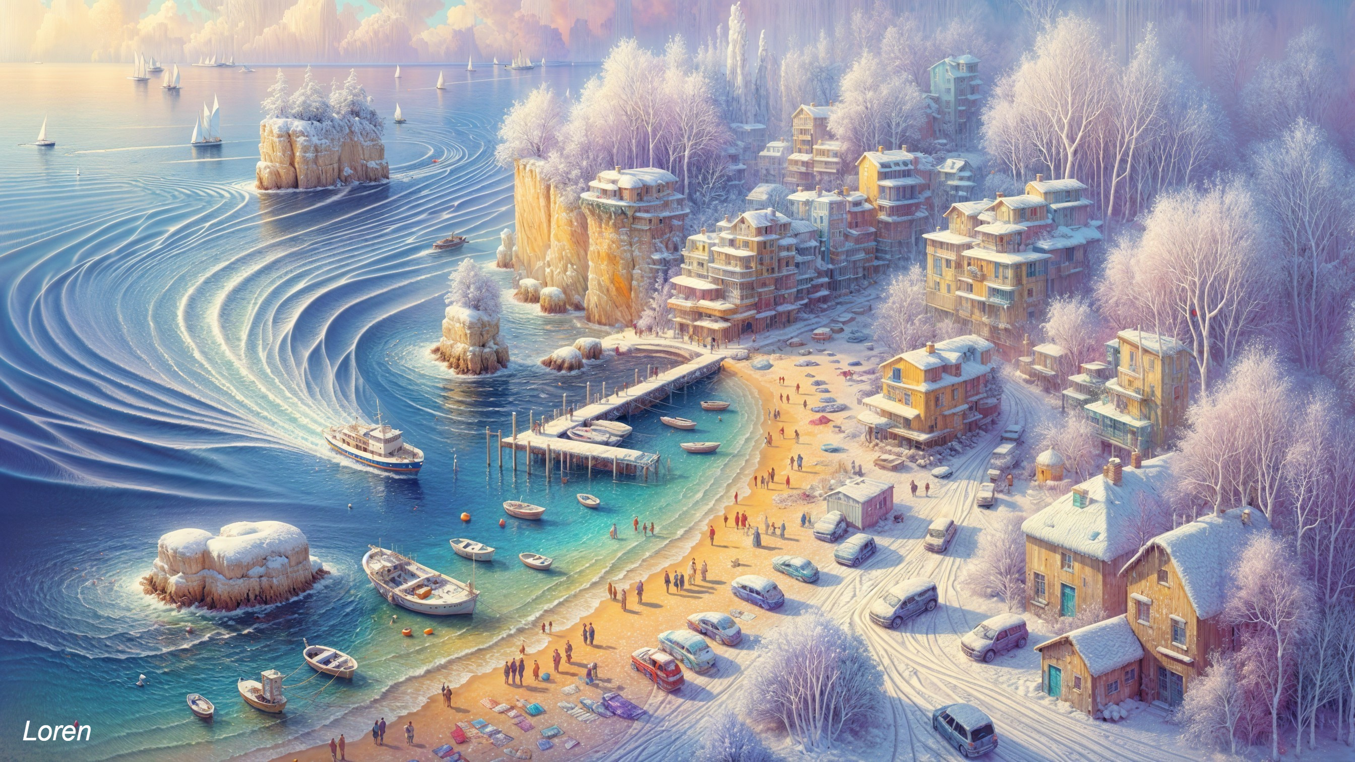 Winter Coastal Village with Snowy Landscape and Boats