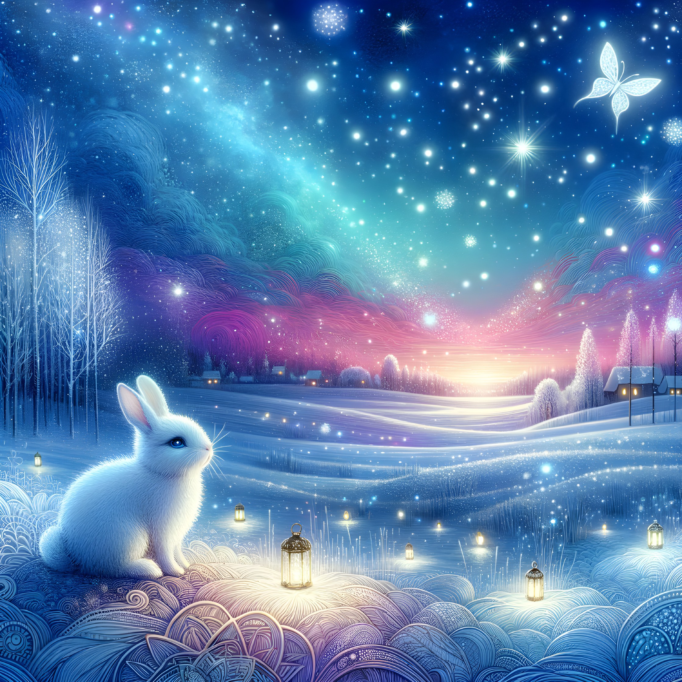 Winter Landscape with Bunny and Starlit Sky