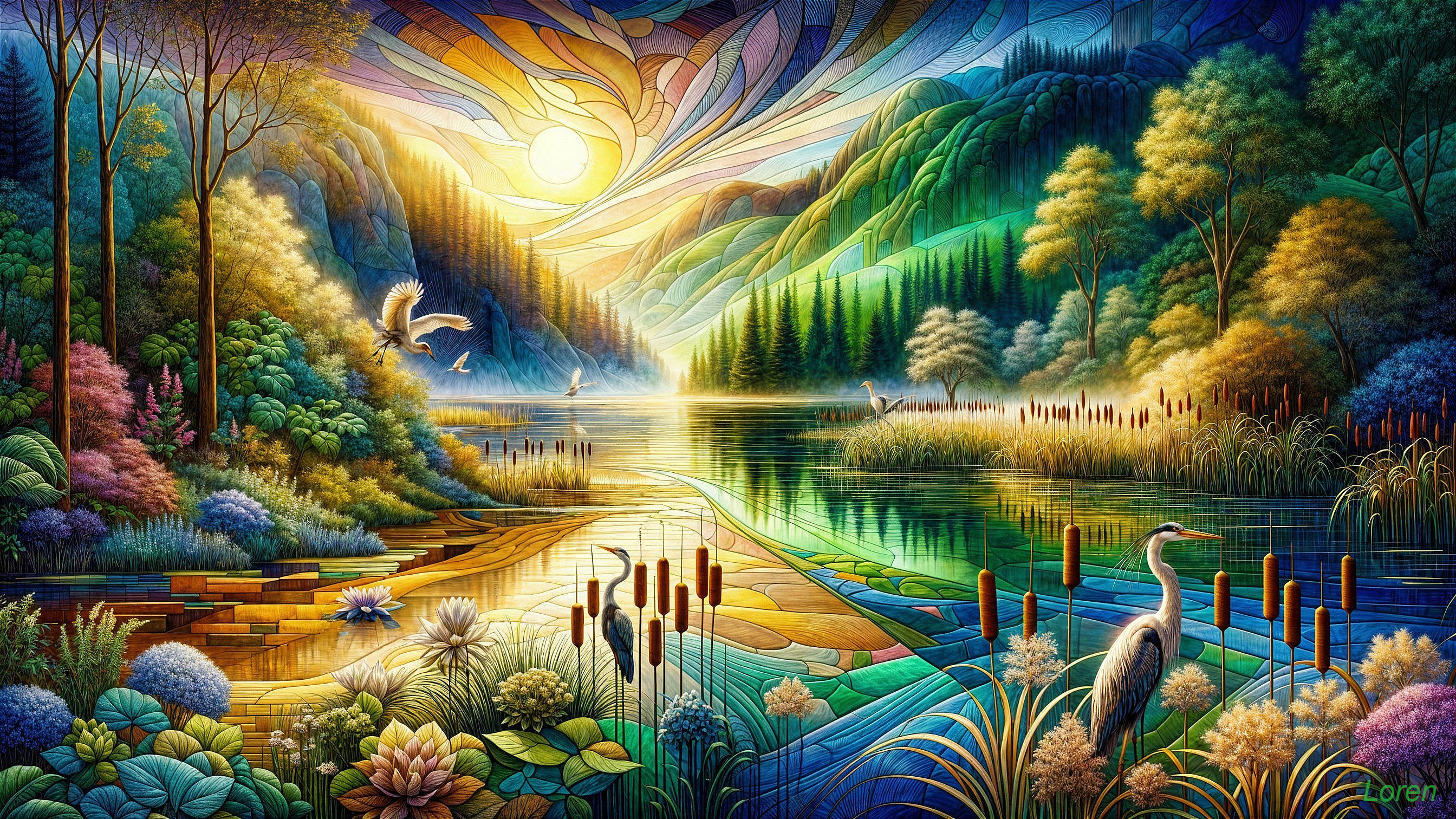 Vibrant Landscape with Lake, Hills, and Wildlife