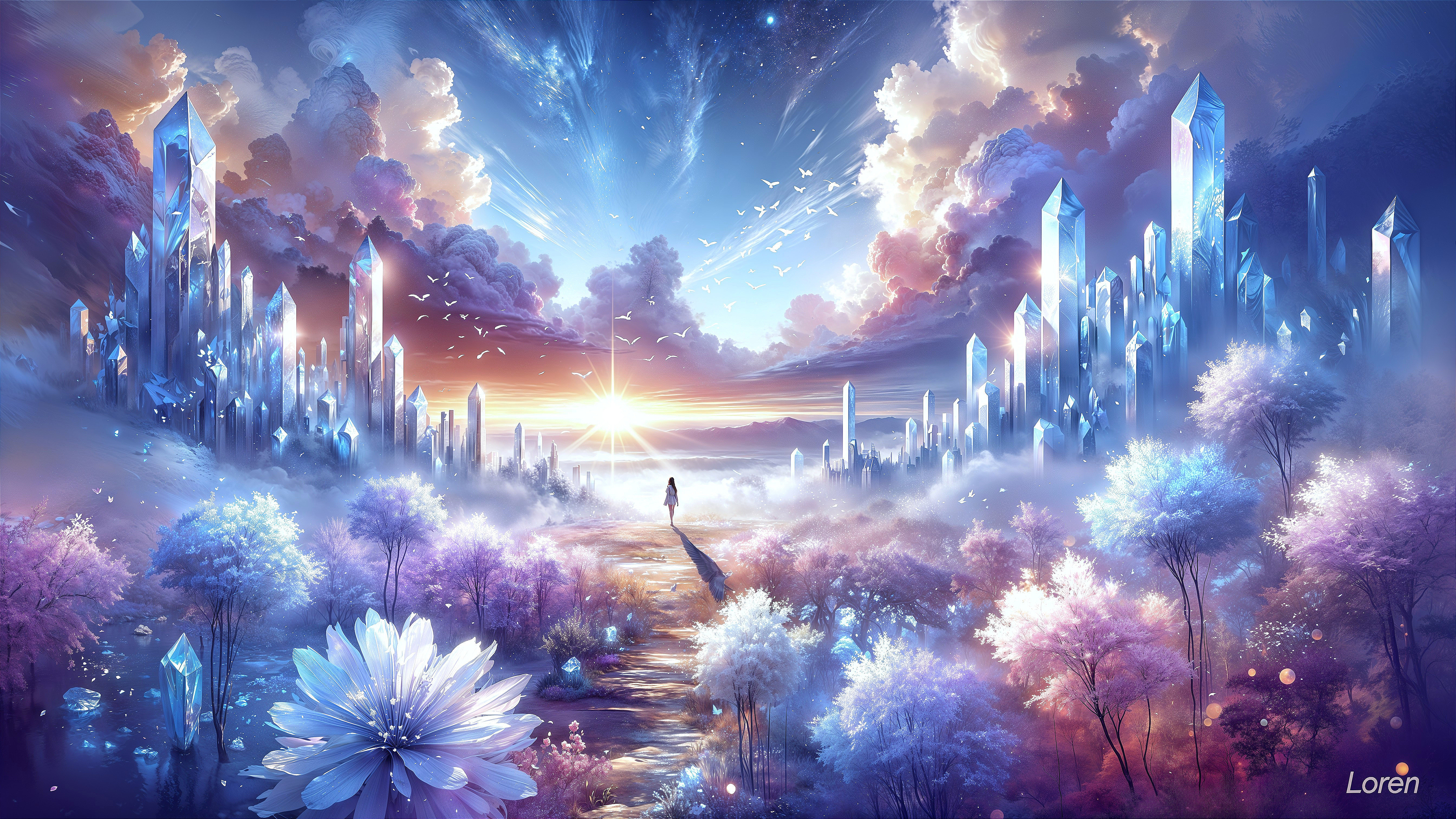 Fantasy Landscape with Crystal Formations and Sunset Sky