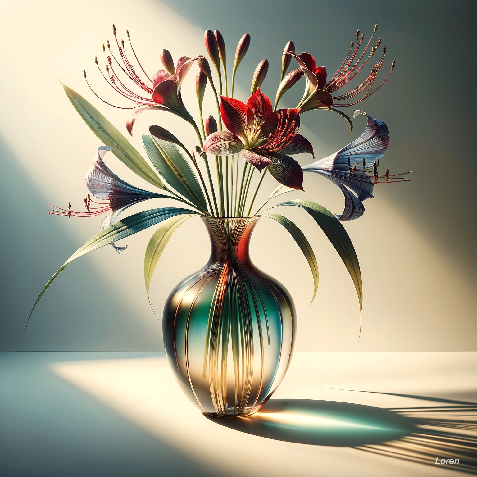Vibrant Red and Soft Blue Lily Flower Arrangement