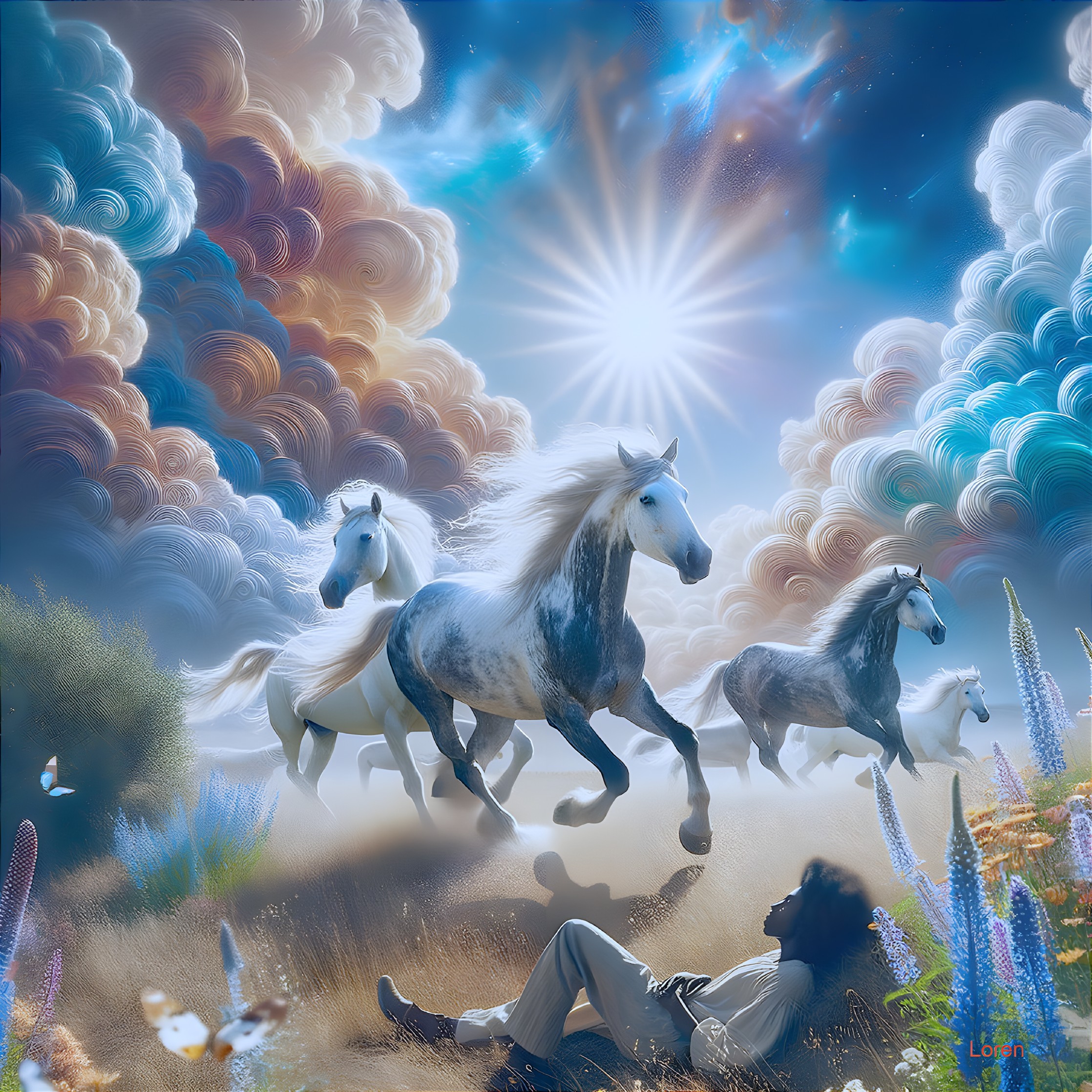 Dreamlike Landscape with Horses and Wildflowers