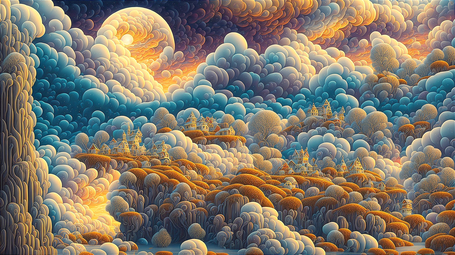 Surreal landscape with golden structures under glowing moon