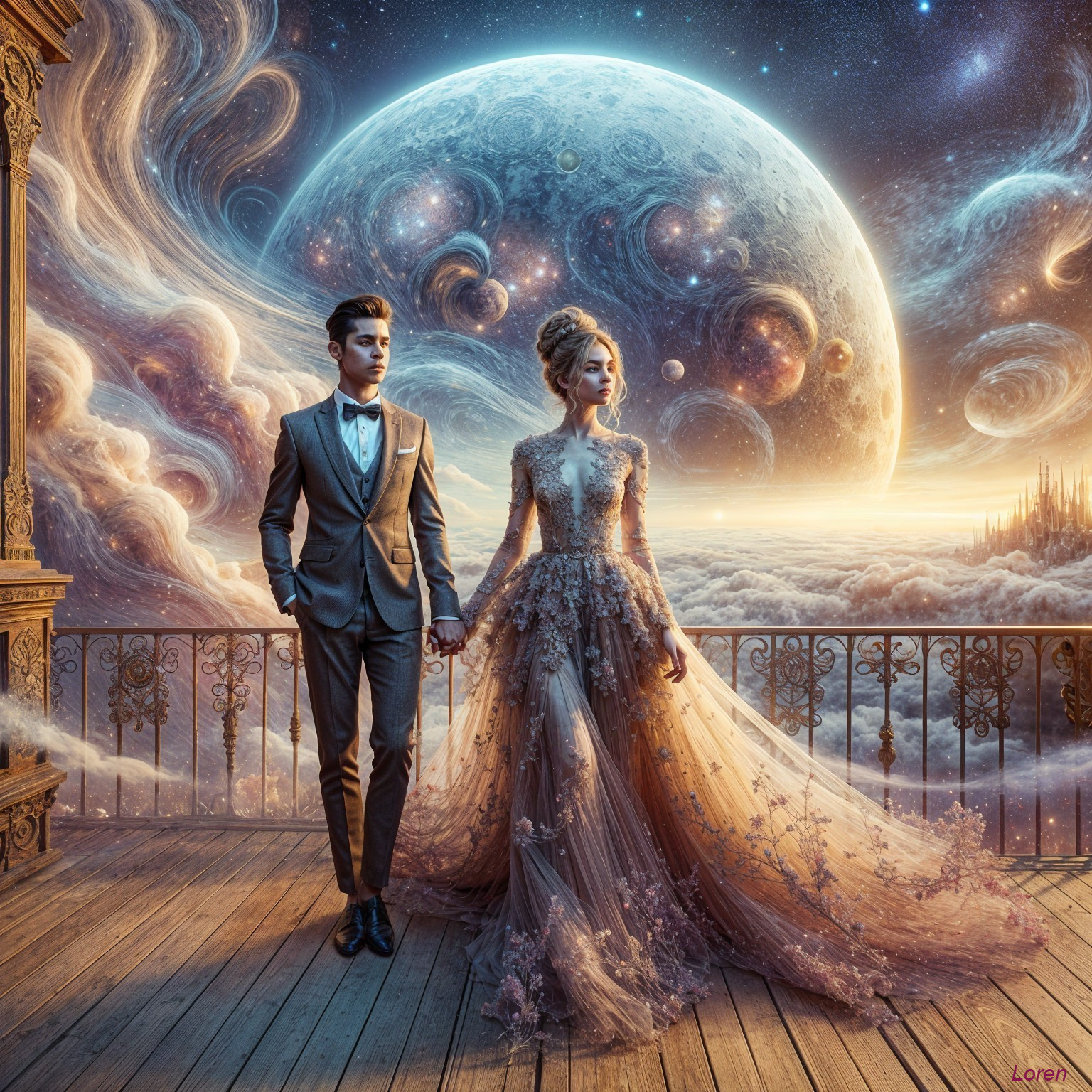 Couple on Balcony Overlooking Cosmic Landscape