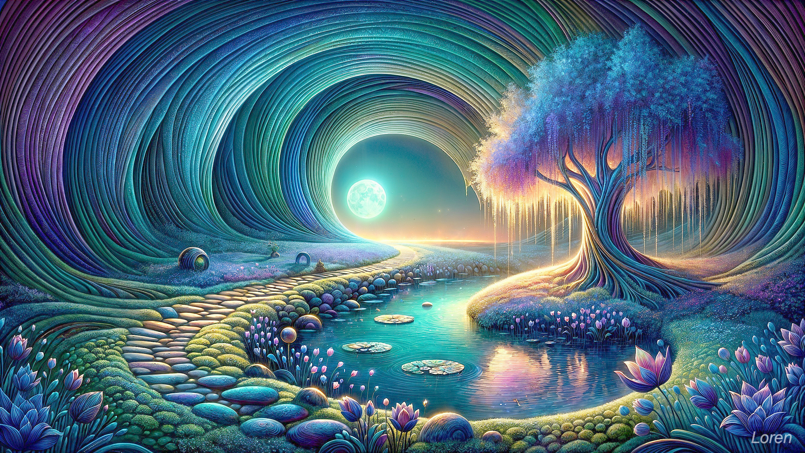 Surreal Landscape with Winding Path and Serene Water