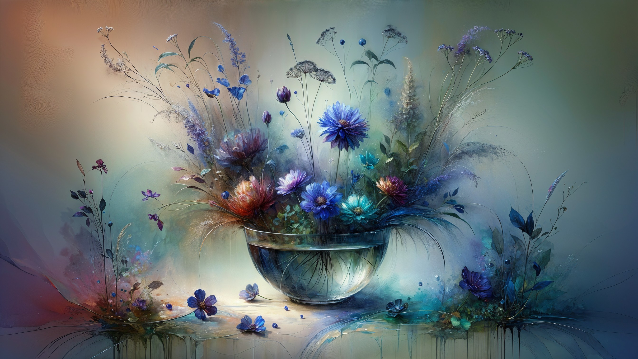 Vibrant Floral Arrangement in Glass Bowl with Background