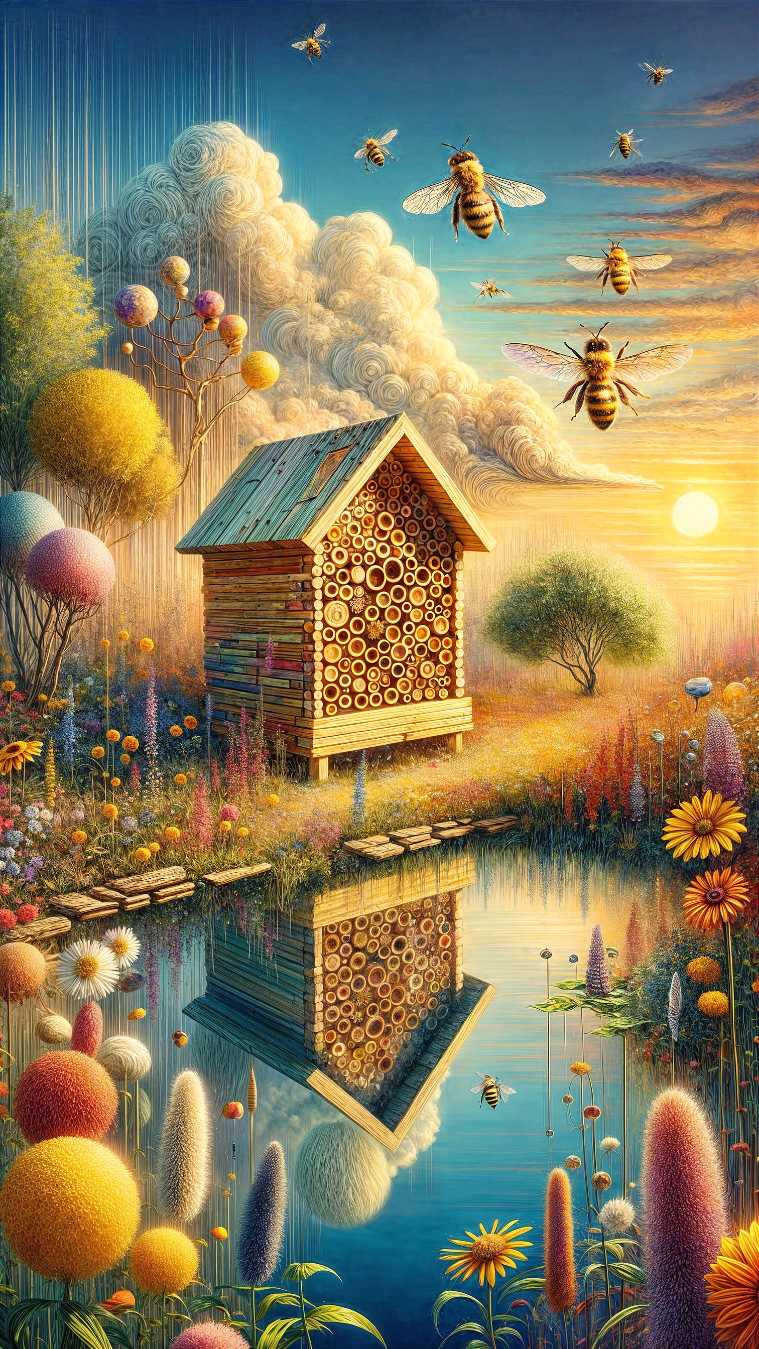 Colorful Beehive Surrounded by Vibrant Flowers and Nature