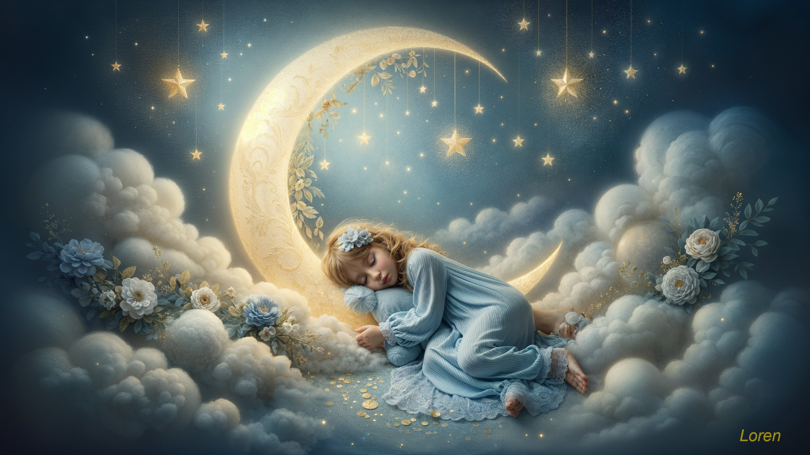 Young girl sleeping on a cloud with a crescent moon