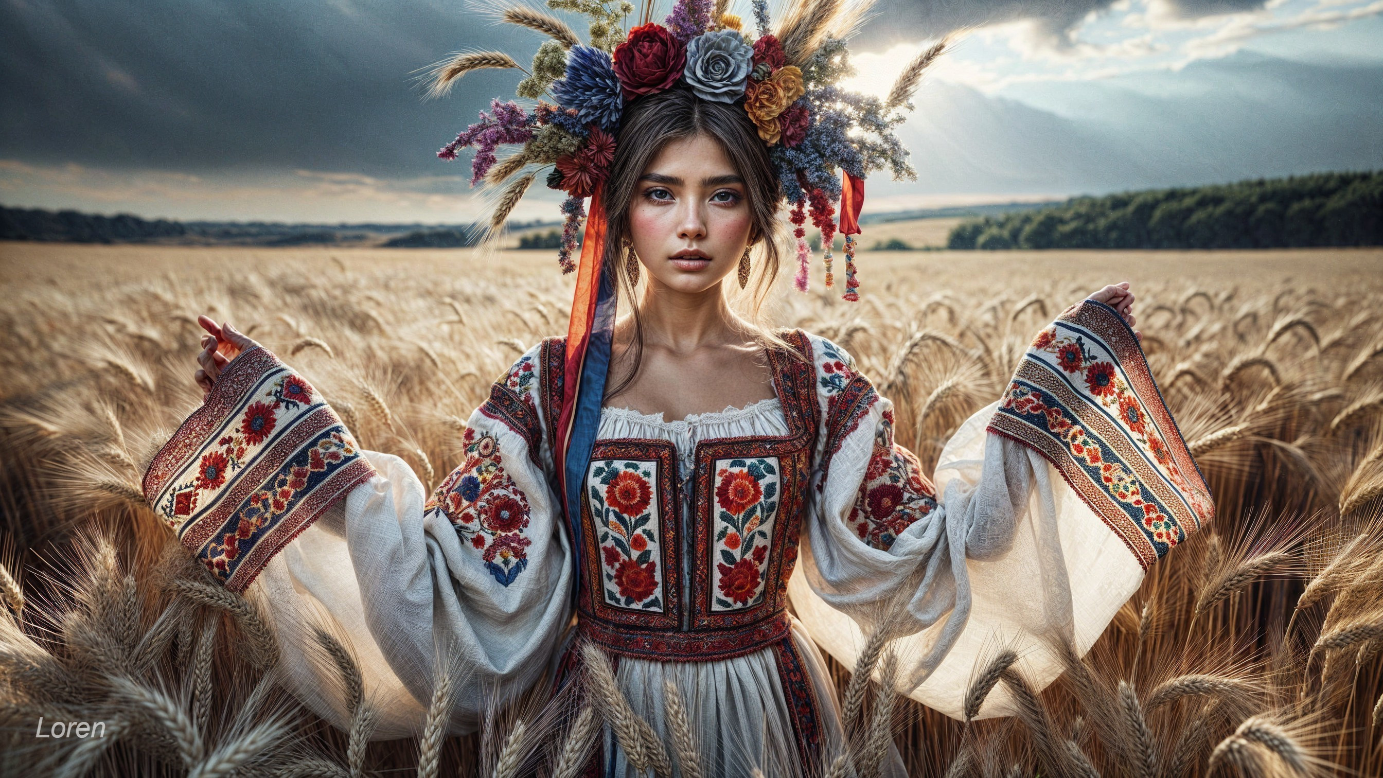 Young Woman in Traditional Dress in Wheat Field