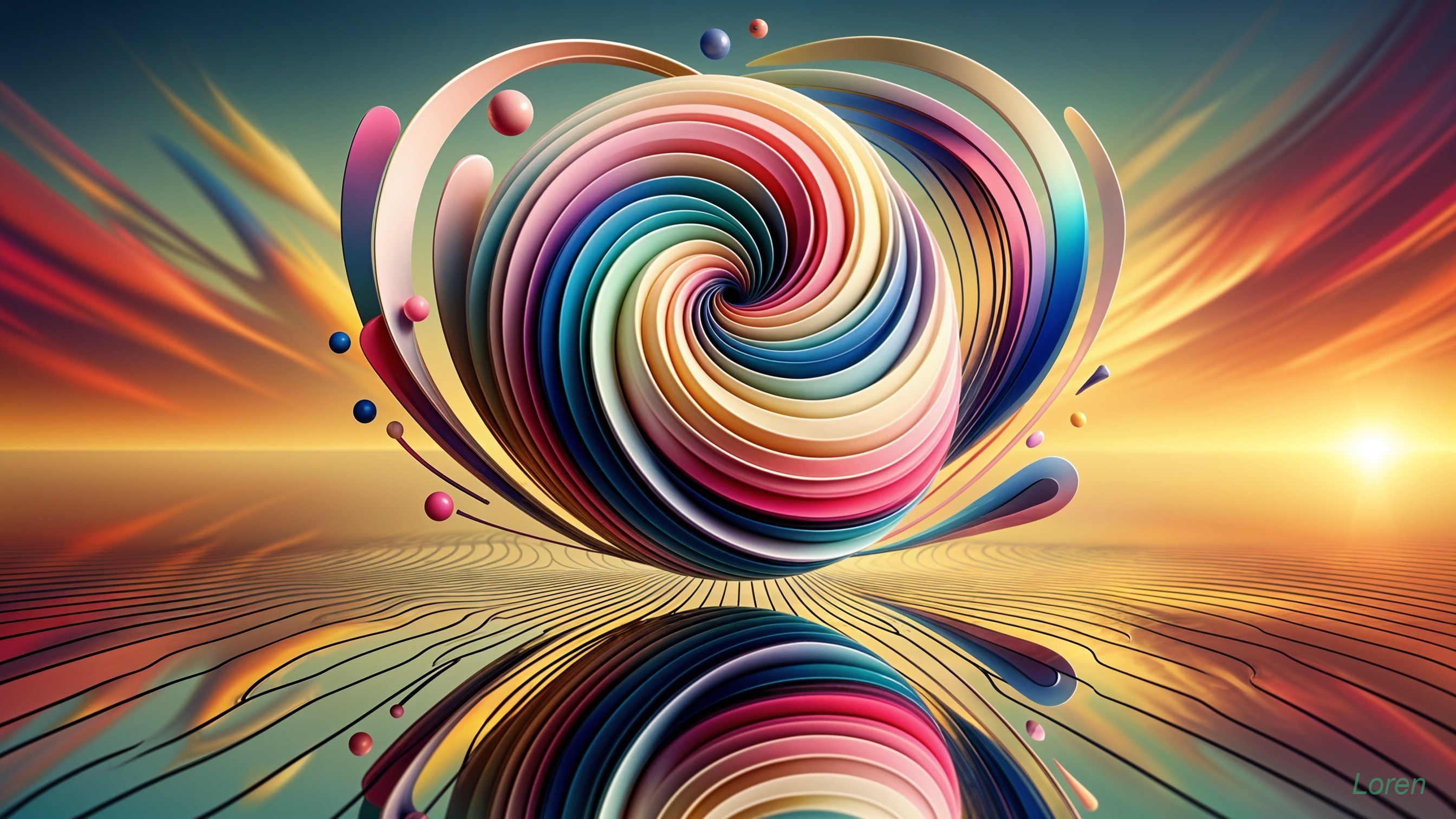 Colorful Swirling Sphere on Reflective Surface