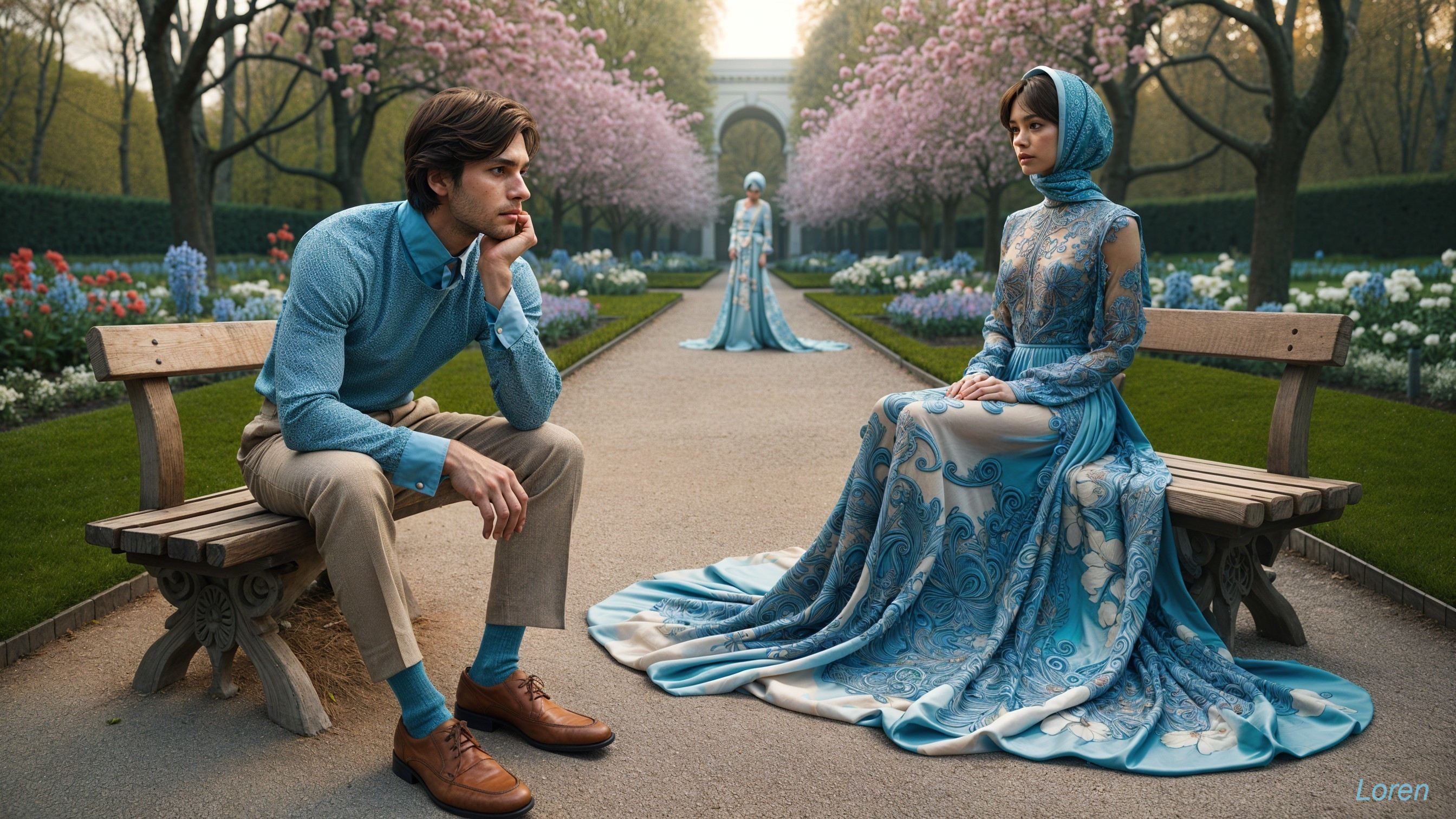 Serene garden scene with cherry blossoms and figures