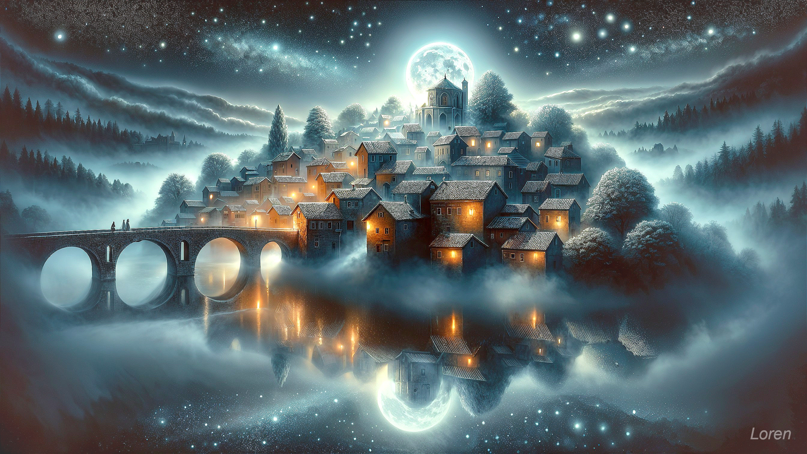 Fantasy Landscape with Village and Full Moon Glow