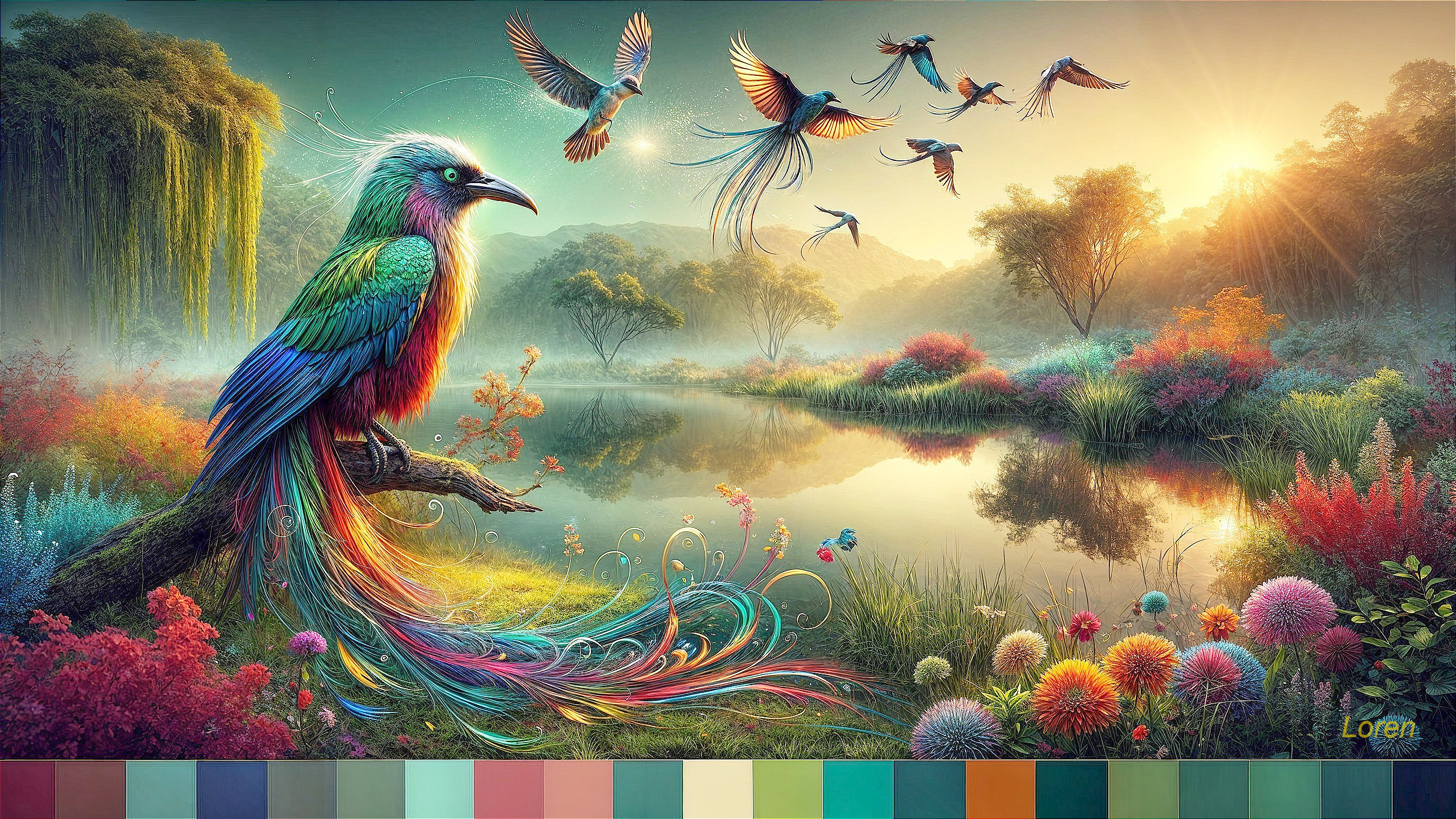 Surreal Landscape with Colorful Bird by Tranquil Lake