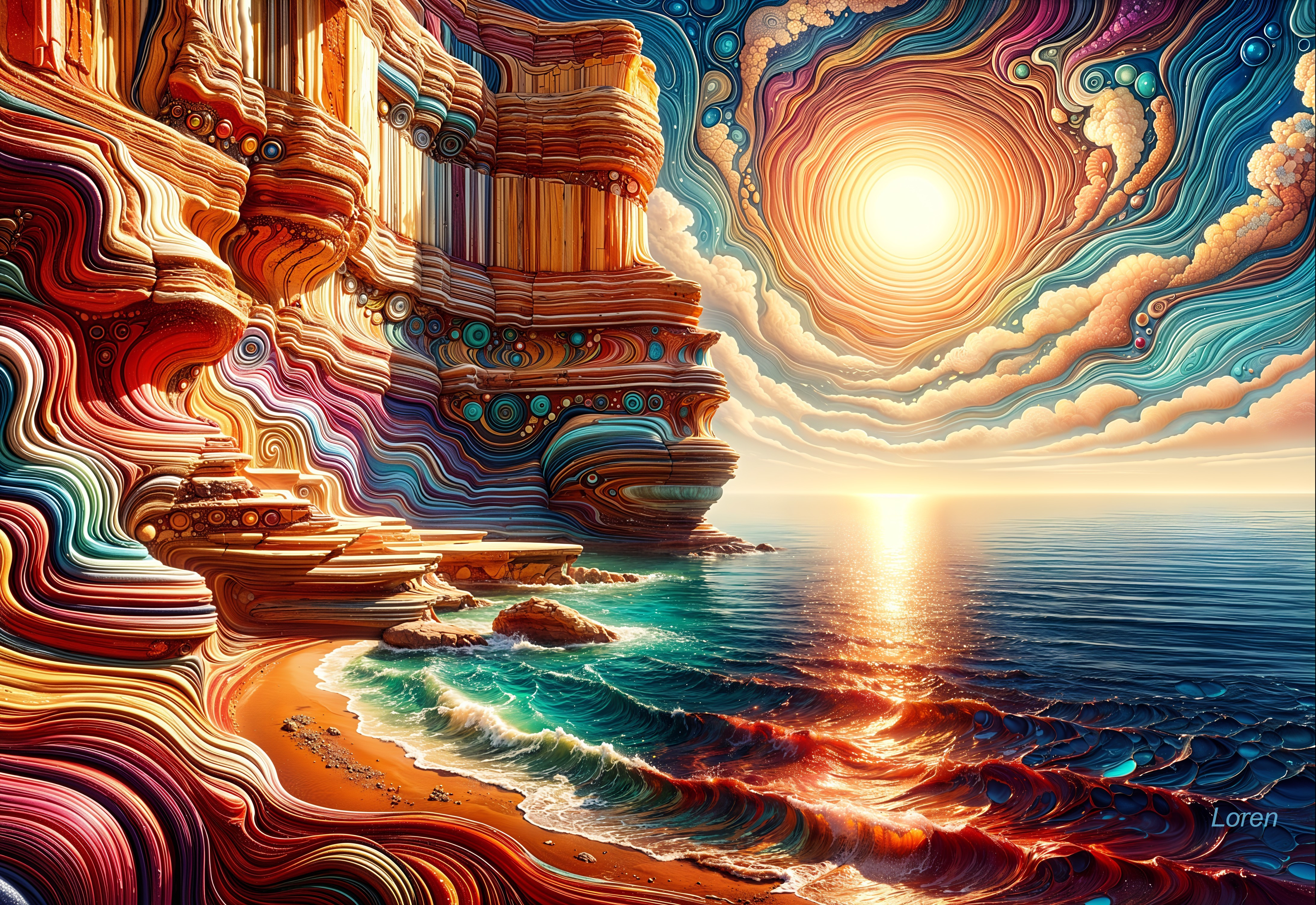 Surreal Landscape with Cascading Cliffs and Ocean Waves
