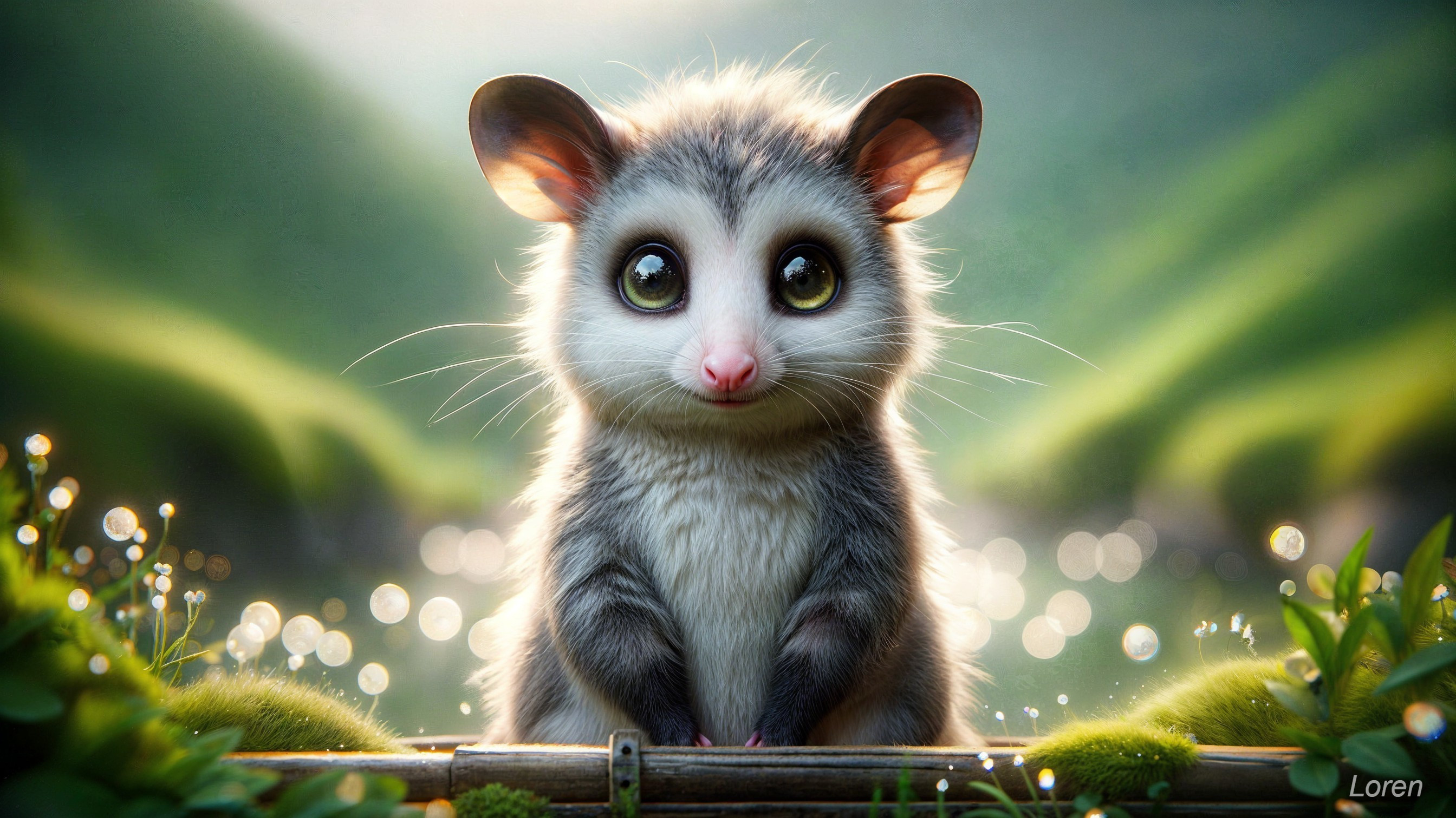 Cartoon Opossum on Platform with Lush Greenery