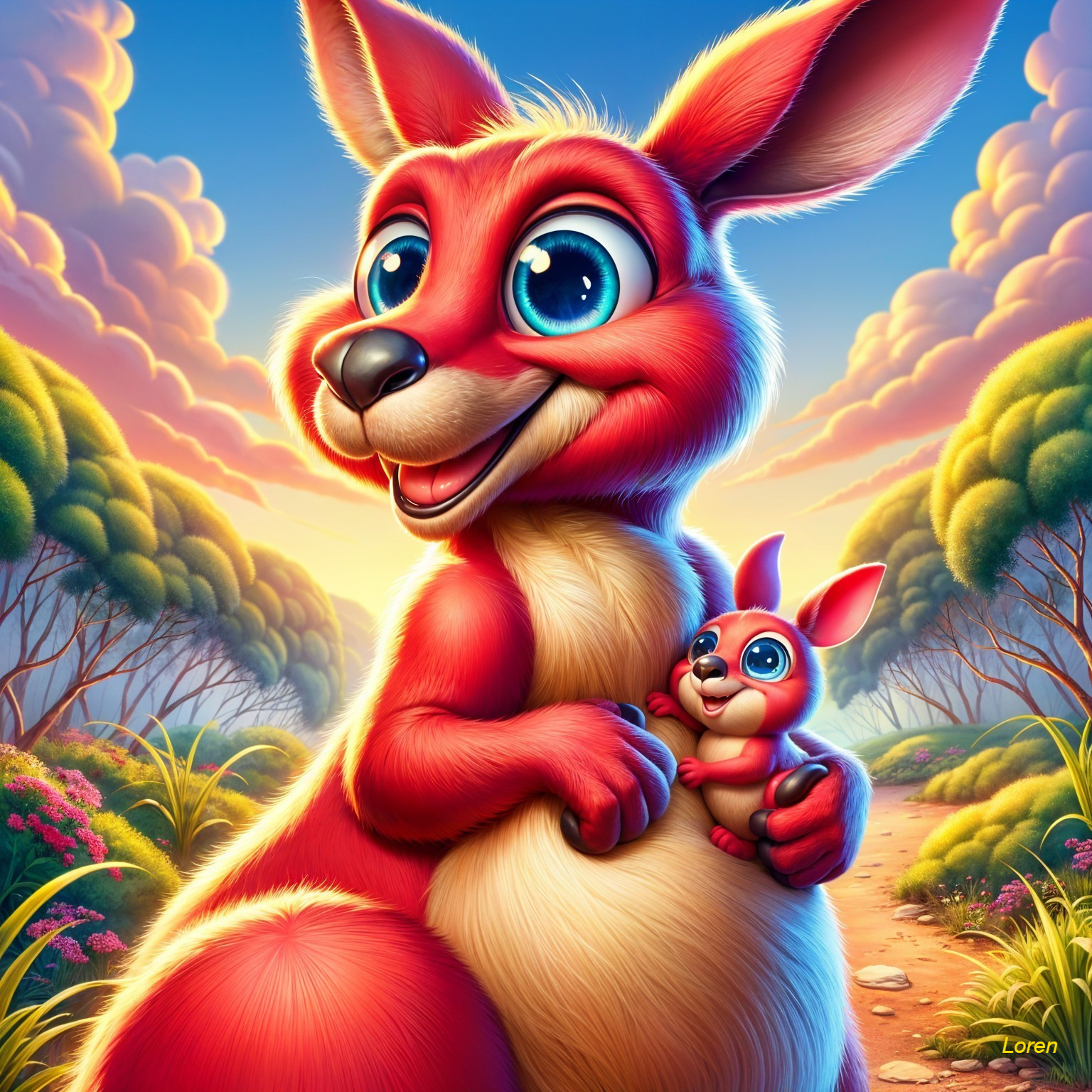 Cheerful cartoon kangaroo with joey in vibrant landscape