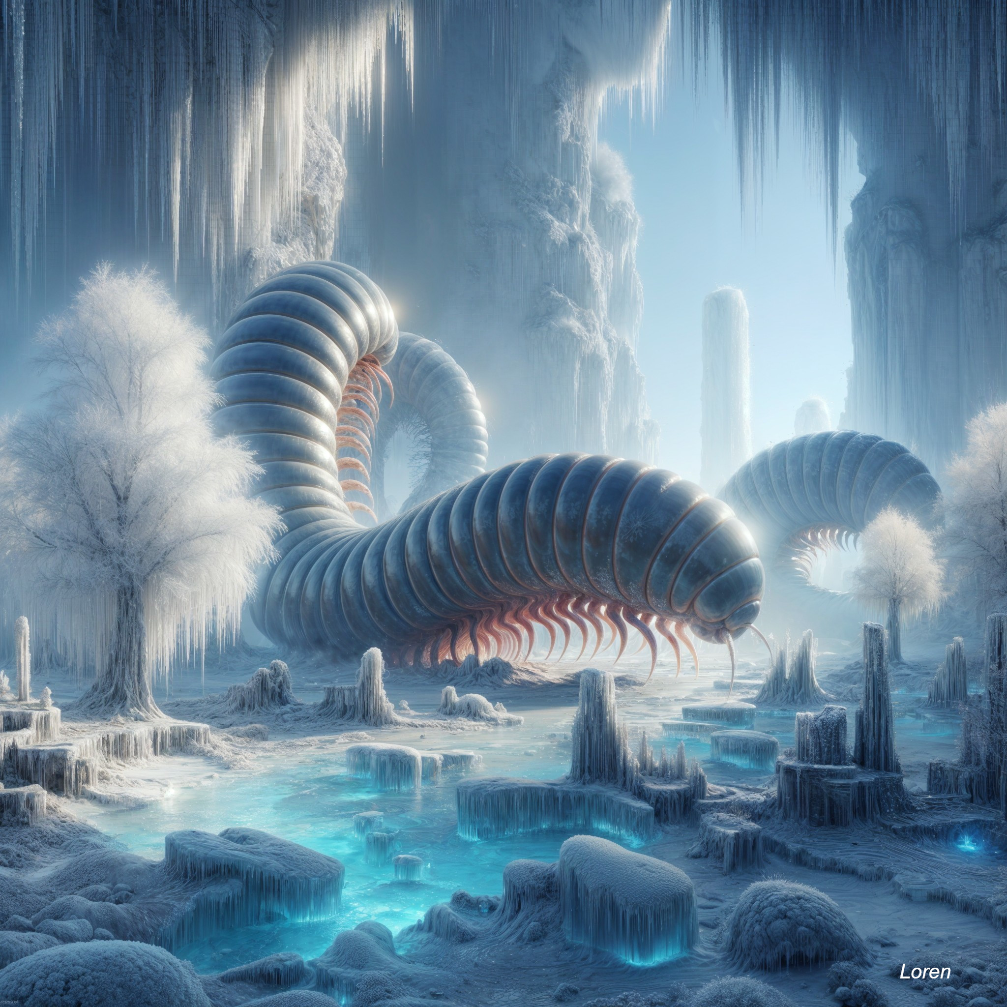 Surreal Icy Landscape with Metallic Centipede Creatures