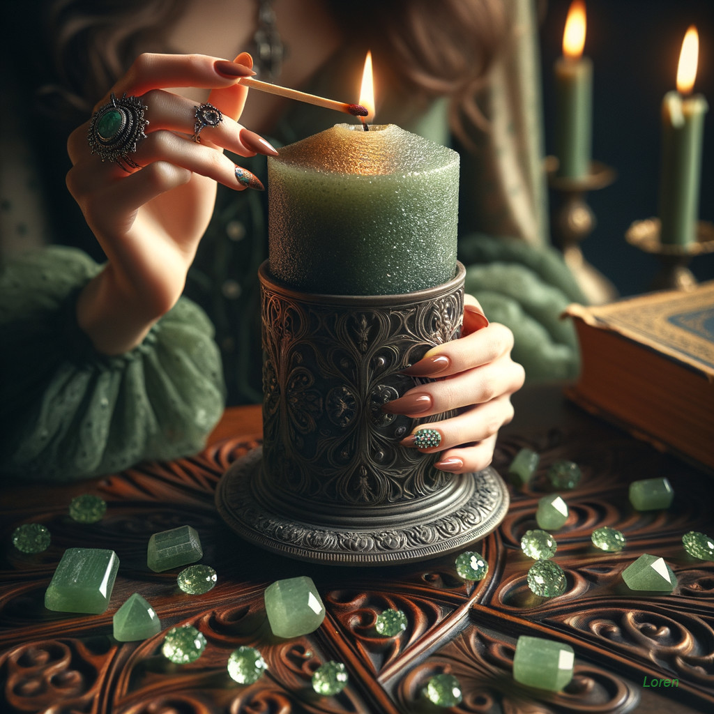 Elegant Hand Lighting Green Candle in Enchanting Scene