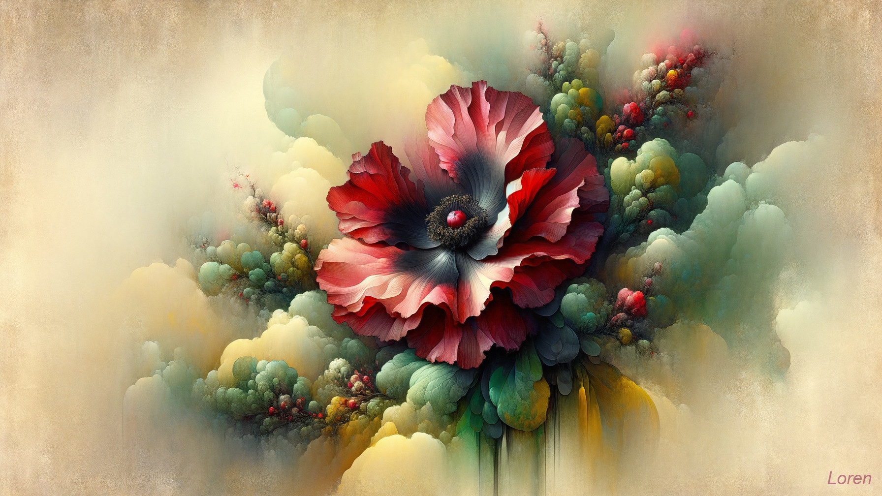 Vivid Flower with Pastel Clouds and Colorful Orbs