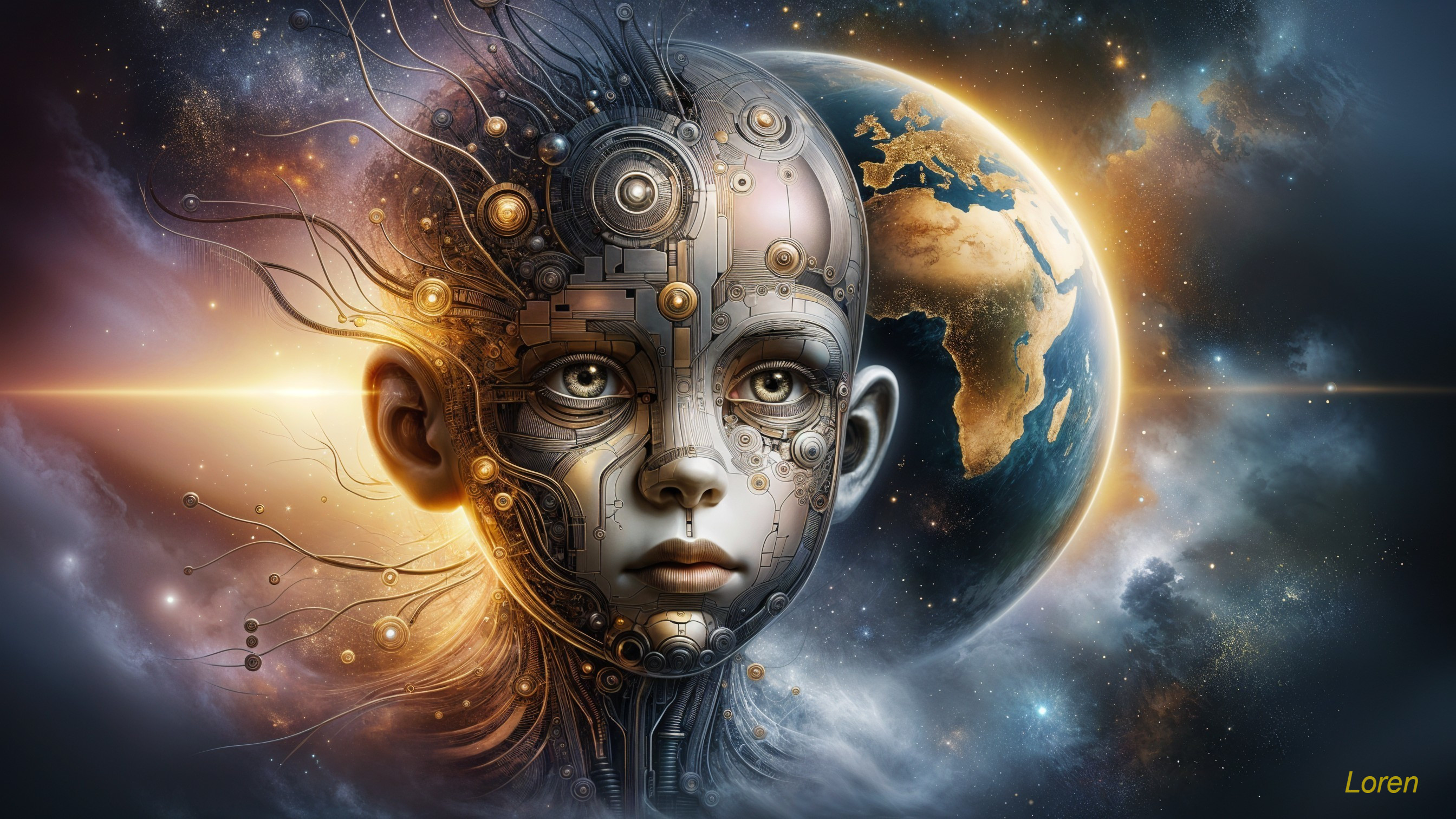 Futuristic Humanoid Face with Mechanical Elements