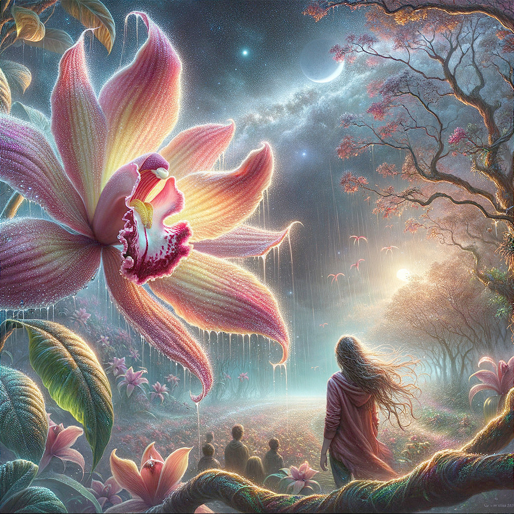 Person in Red Cloak in Enchanted Flower Forest