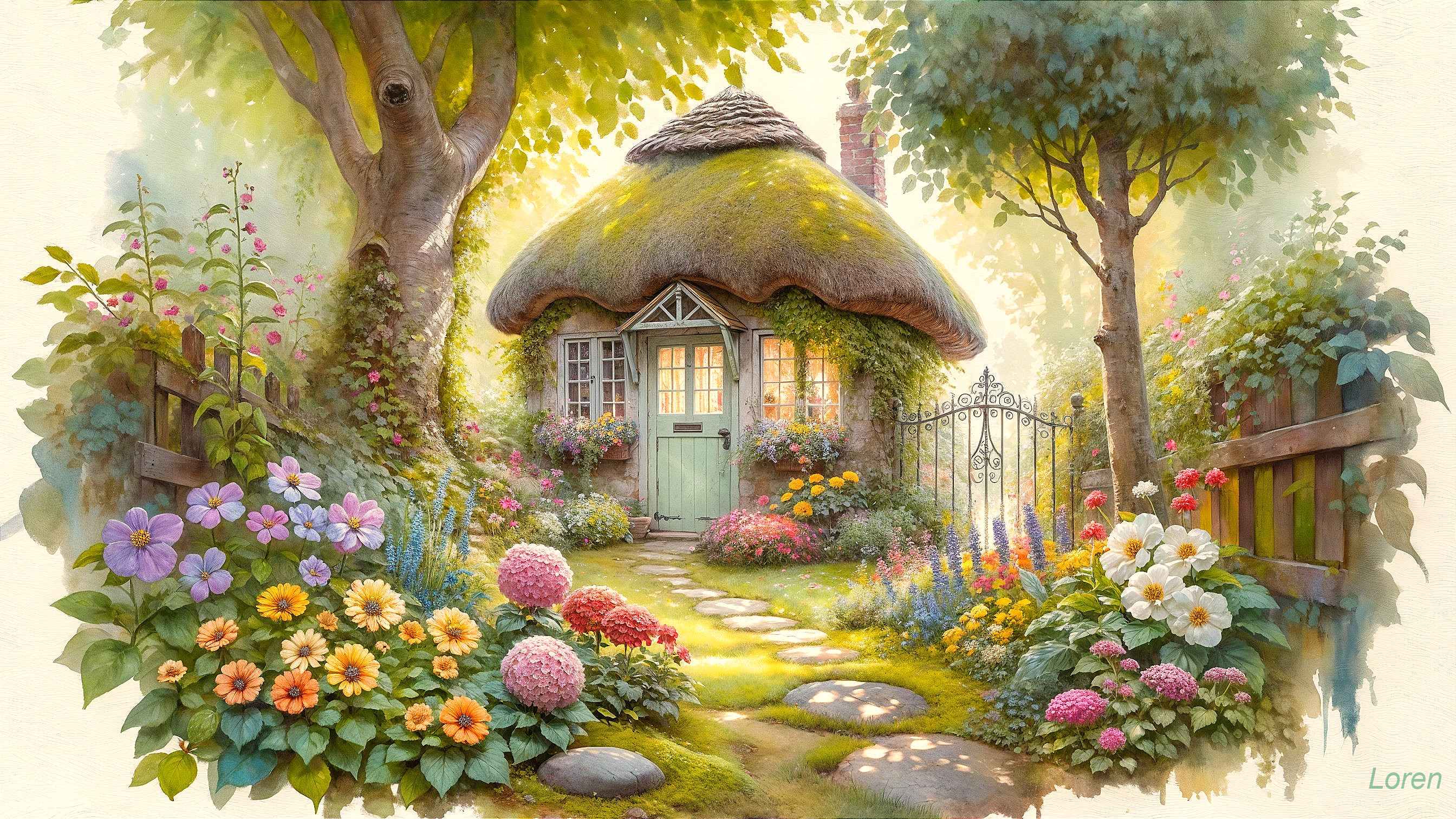 Thatched Cottage Surrounded by Colorful Garden Flowers