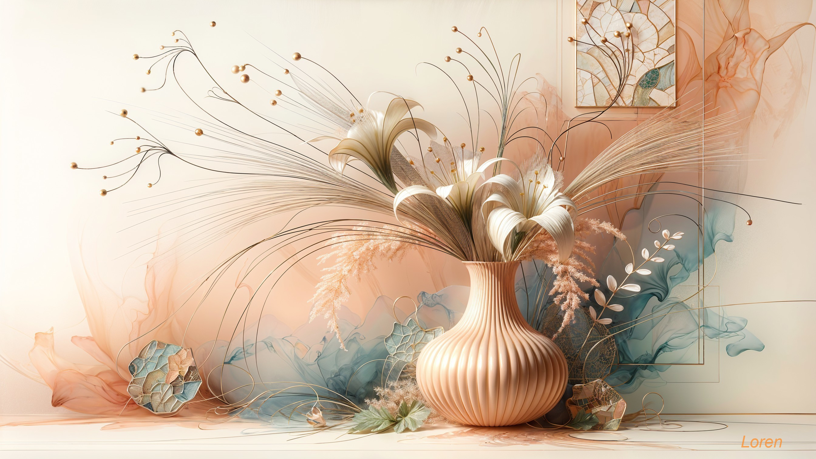 Elegant Beige Vase with White Flowers and Pastels
