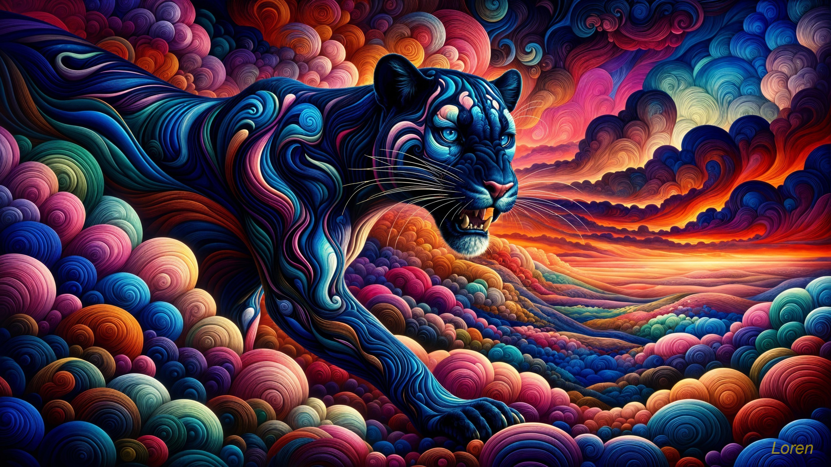 Surreal Panther in Colorful Cloud Landscape
