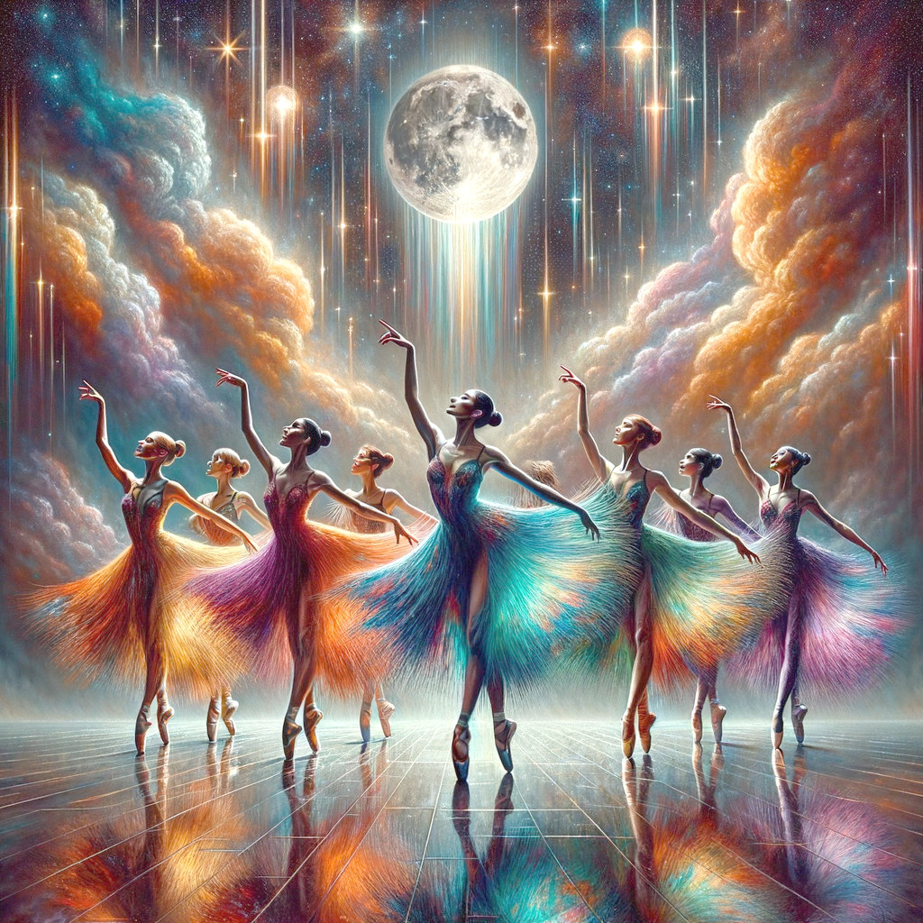 Ballet Dancers in Colorful Tutus Under a Moonlit Sky